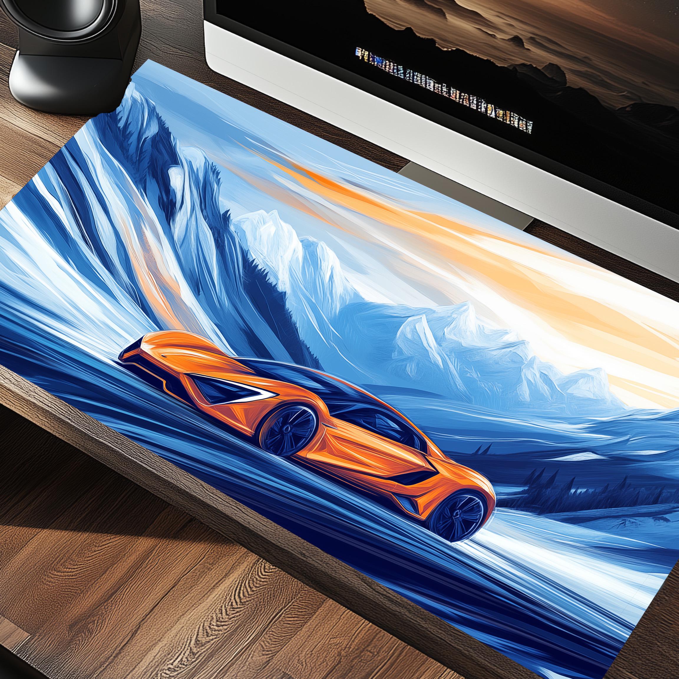 Bold Orange Supercar on Mountain Desk Mat – Unique Racing Mous