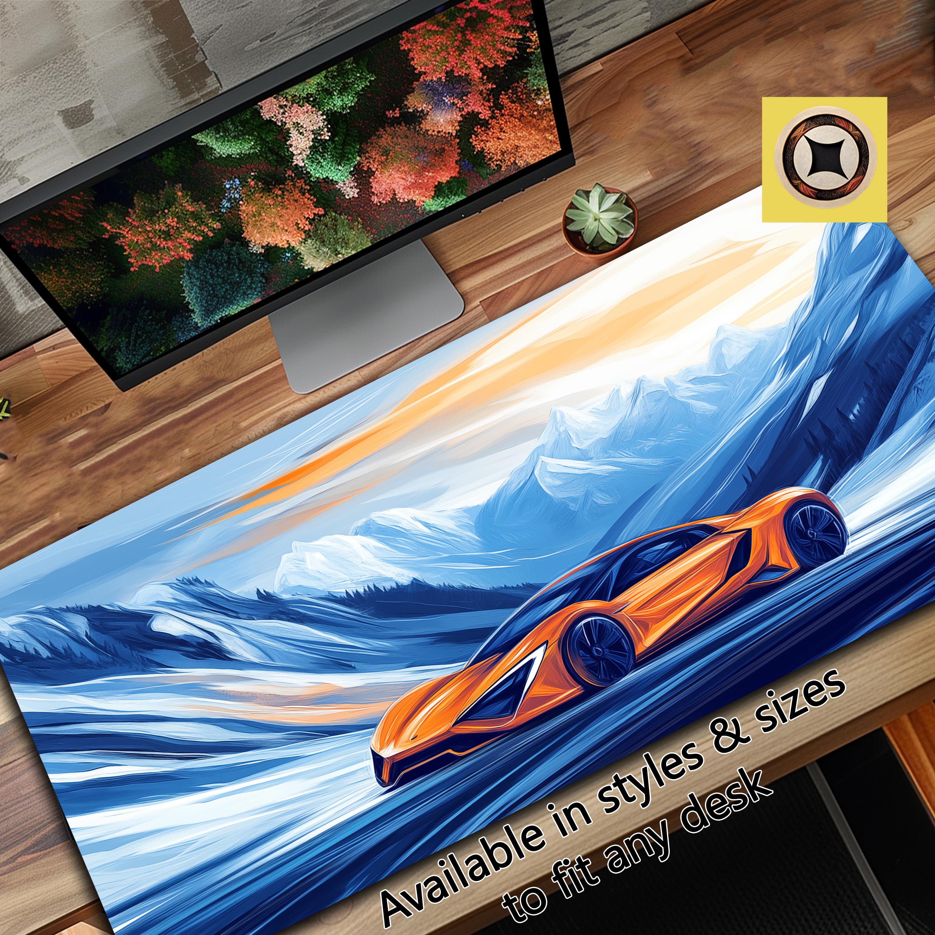 Bold Orange Supercar on Mountain Desk Mat – Unique Racing Mous Bold Orange Supercar on Mountain Desk Mat – Unique Racing Mous