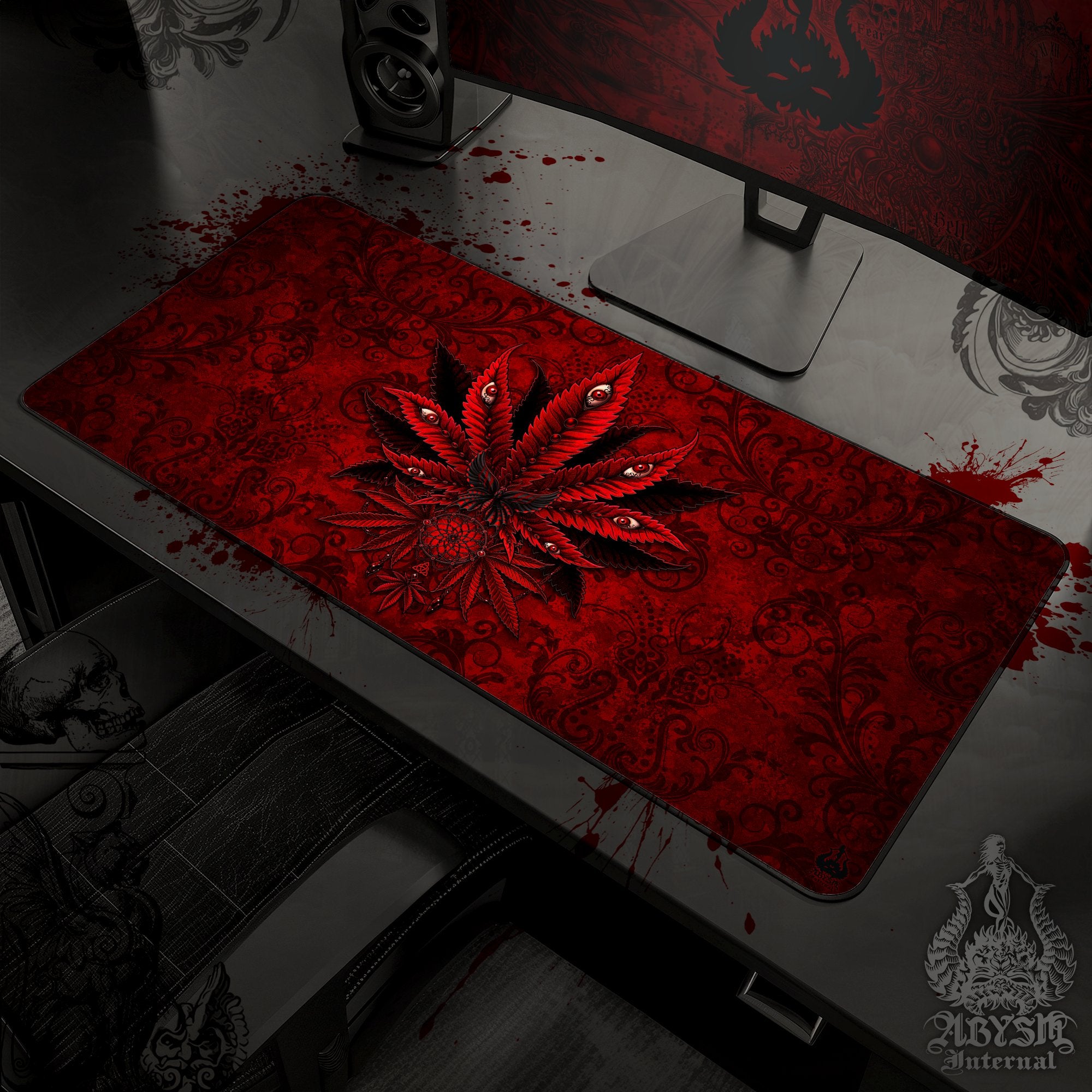 Cannabis Desk Mat, Marijuana Gaming Mouse Pad, Weed Table Protector Cover, Bloody Gothic Workpad, 420 Art Print – Red Black