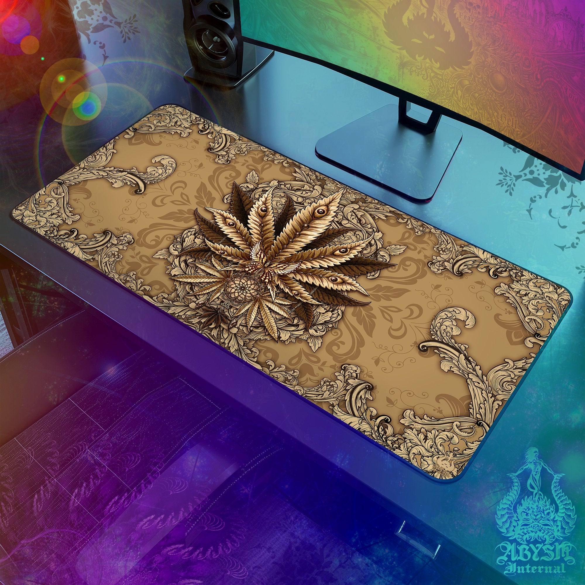 Cannabis Mouse Pad, Weed Gaming Desk Mat, Marijuana Workpad, 420 Table Protector Cover, Art Print – Cream