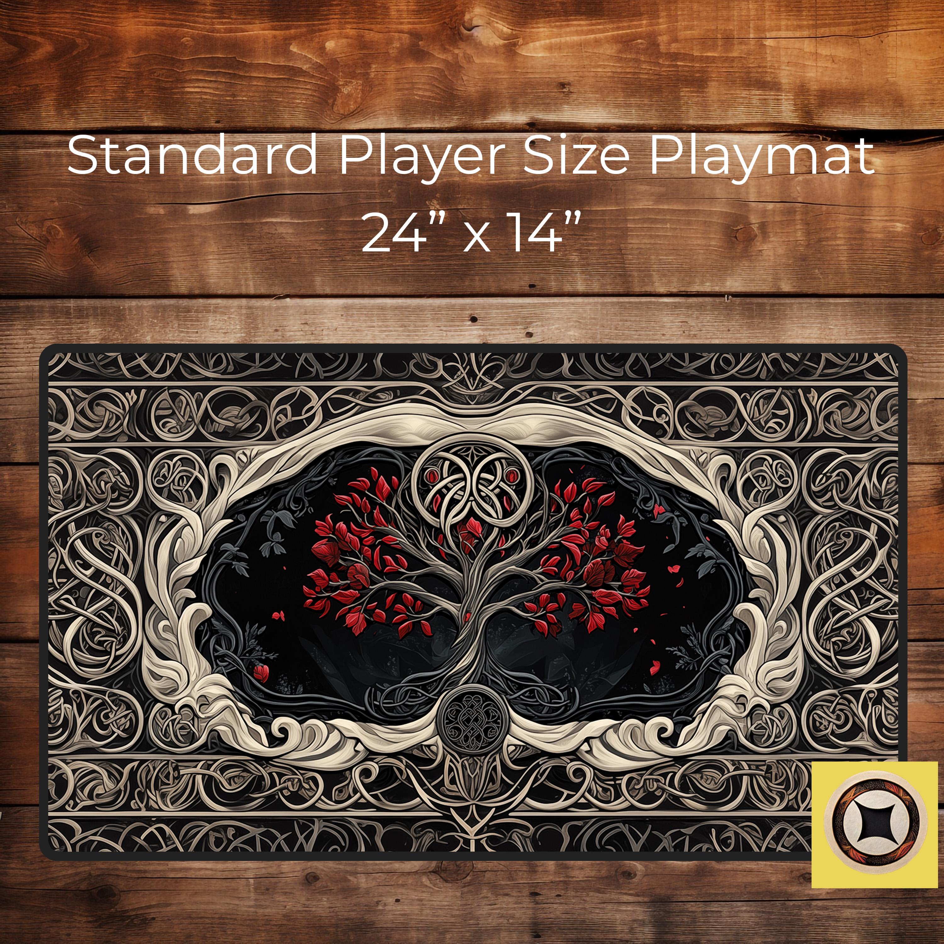 Celtic Tapestry with Crimson Blossoms Art TCG Playmat Desk Pad – Giant Mousepad XL – Big Desk Mat Mouse Pad – Fantasy Aesthetic De