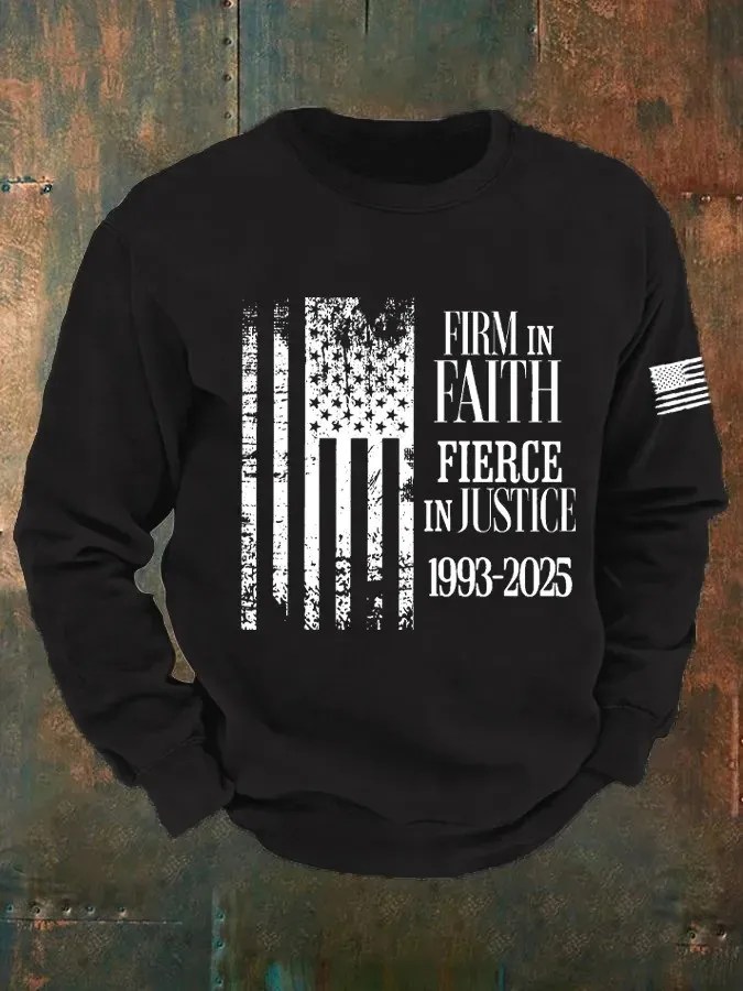 Charlie Kirk Firm in faith Fierce in justice Printed Long-sleeved Sweatshirt Best Gift For America Supporters – Basgiathsweatshirts