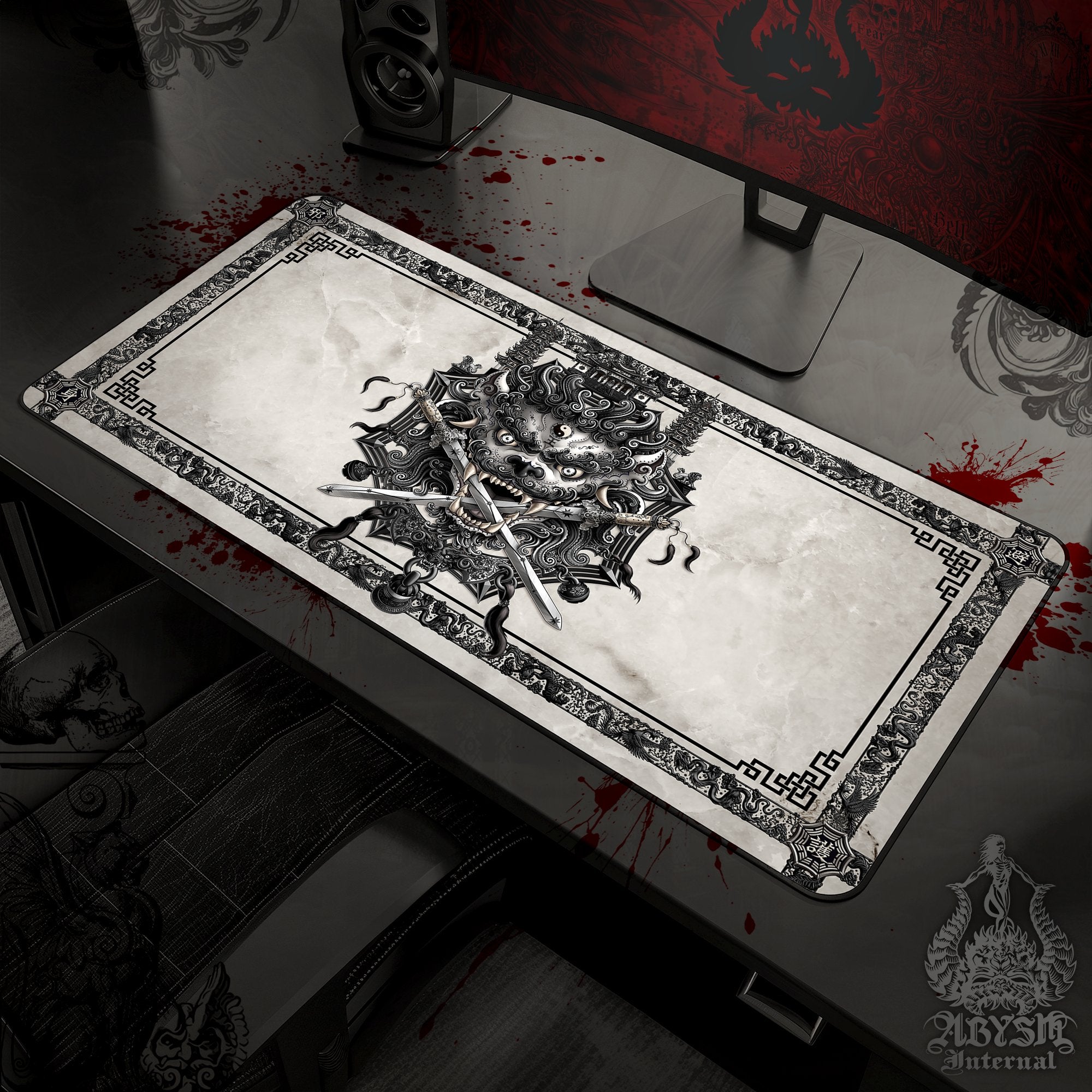 Chinese Lion Mouse Pad, Taiwan Gaming Desk Mat, Black and White Goth Workpad, Asian Table Protector Cover, Fantasy Art Print