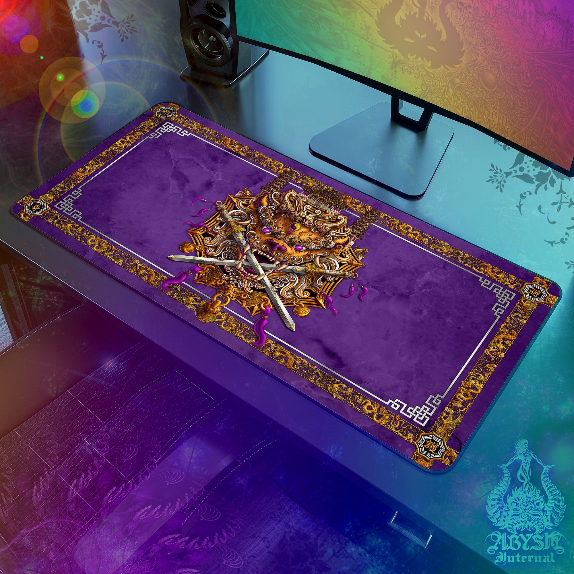 Chinese Lion Mouse Pad, Taiwan Gaming Desk Mat, Purple White Gold Workpad, Asian Table Protector Cover, Fantasy Art Print