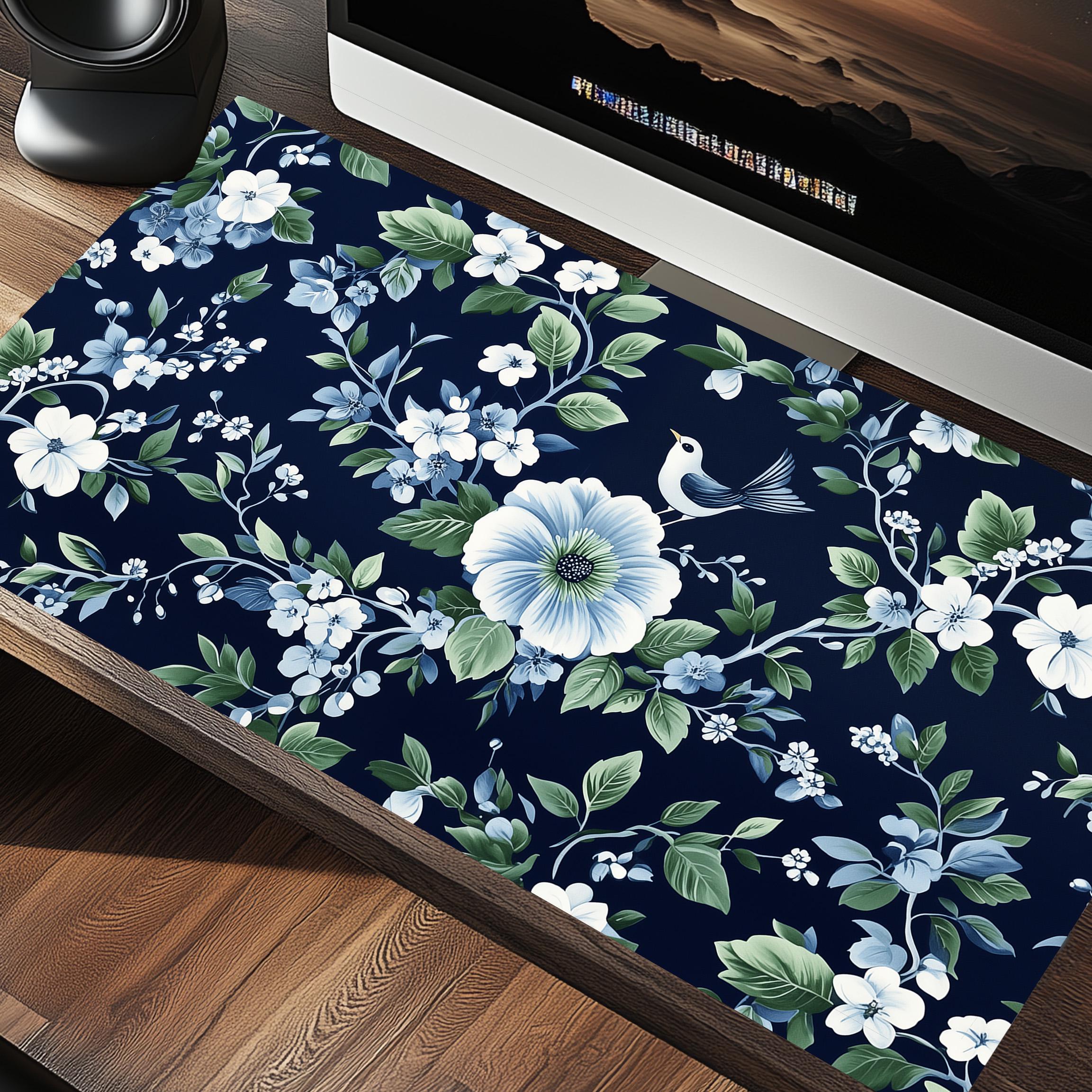 Chinoiserie Floral and Bird Print In Green and Blue – Aesthetic Desk Mat Mousepad – Cute Desk Pad Mouse Pad – Gift for Mother, Wife 1885073406 6745