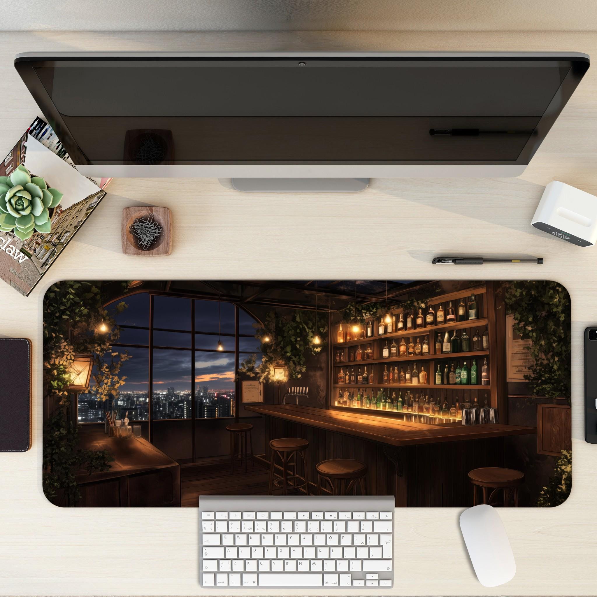 City Night Bar Night Scene Desk Mat  Moody Cocktail Lounge, Dark Urban Nightscape Mouse Pad