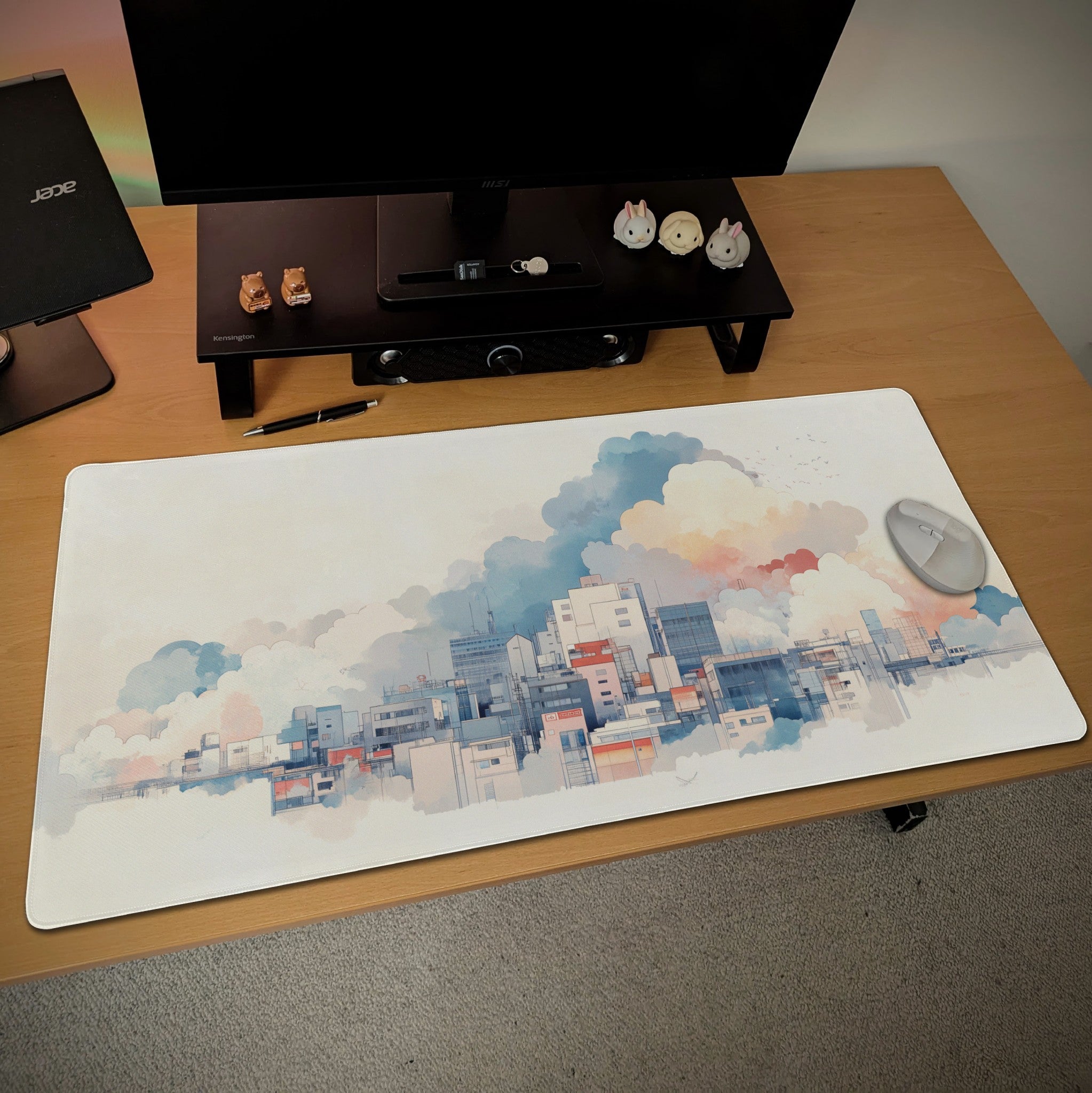 Cloudy Cityscape Desk Mat  Floating City Pastel Art  Minimalist Desk Decor