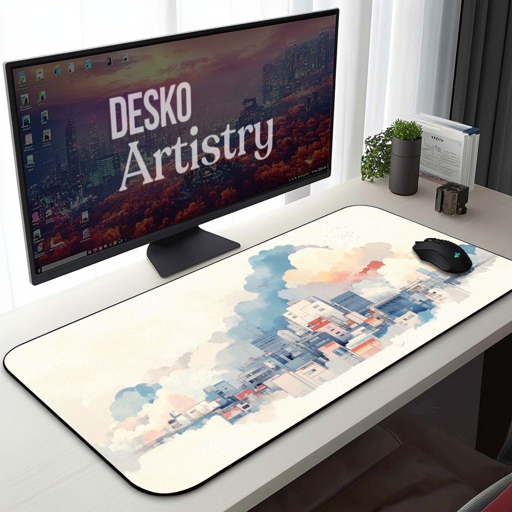 Cloudy Cityscape Desk Mat Floating City Pastel Art Minimalist Desk Decor Cloudy Cityscape Desk Mat Floating City Pastel Art Minimalist Desk Decor