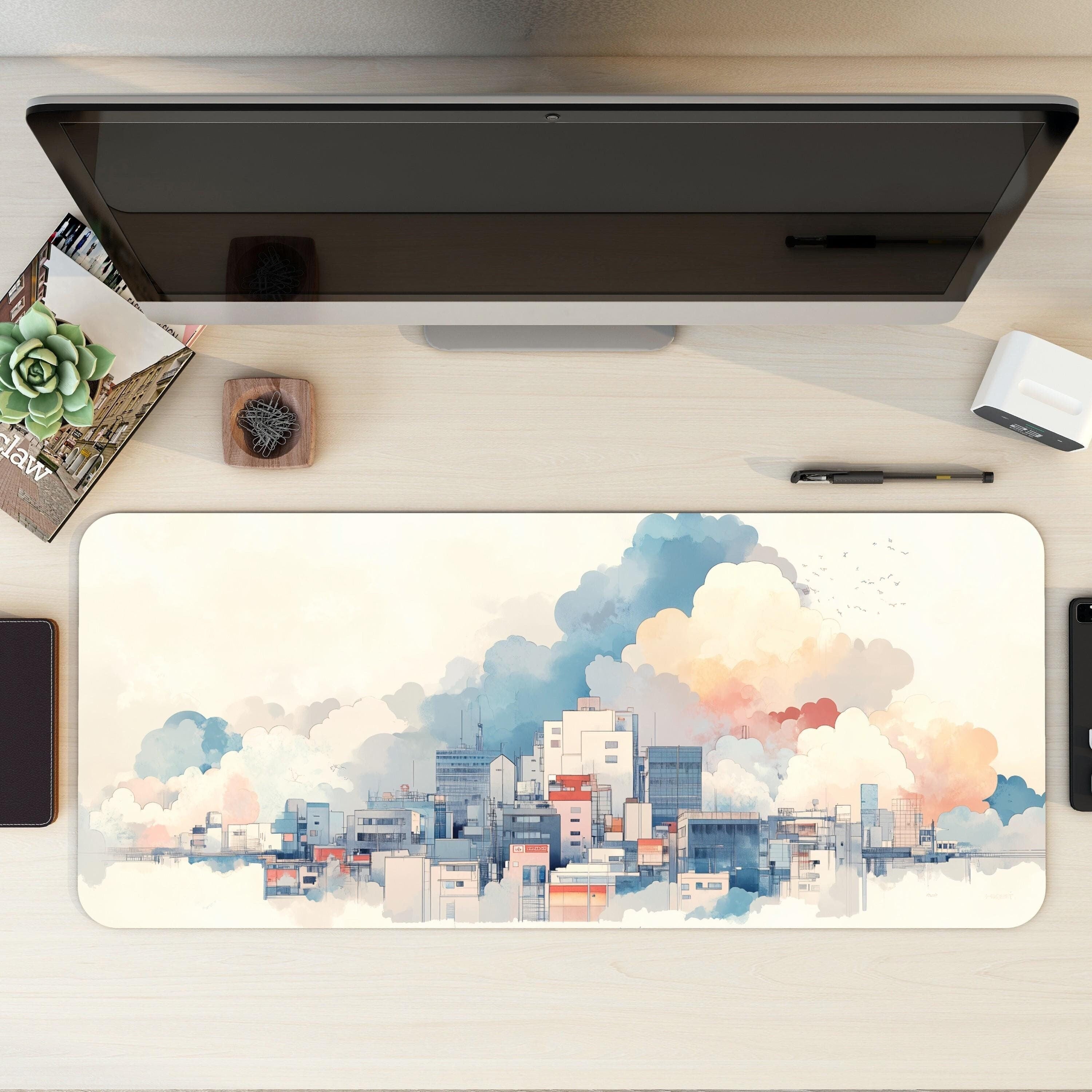 Cloudy Cityscape Desk Mat Floating City Pastel Art Minimalist Desk Decor Cloudy Cityscape Desk Mat Floating City Pastel Art Minimalist Desk Decor