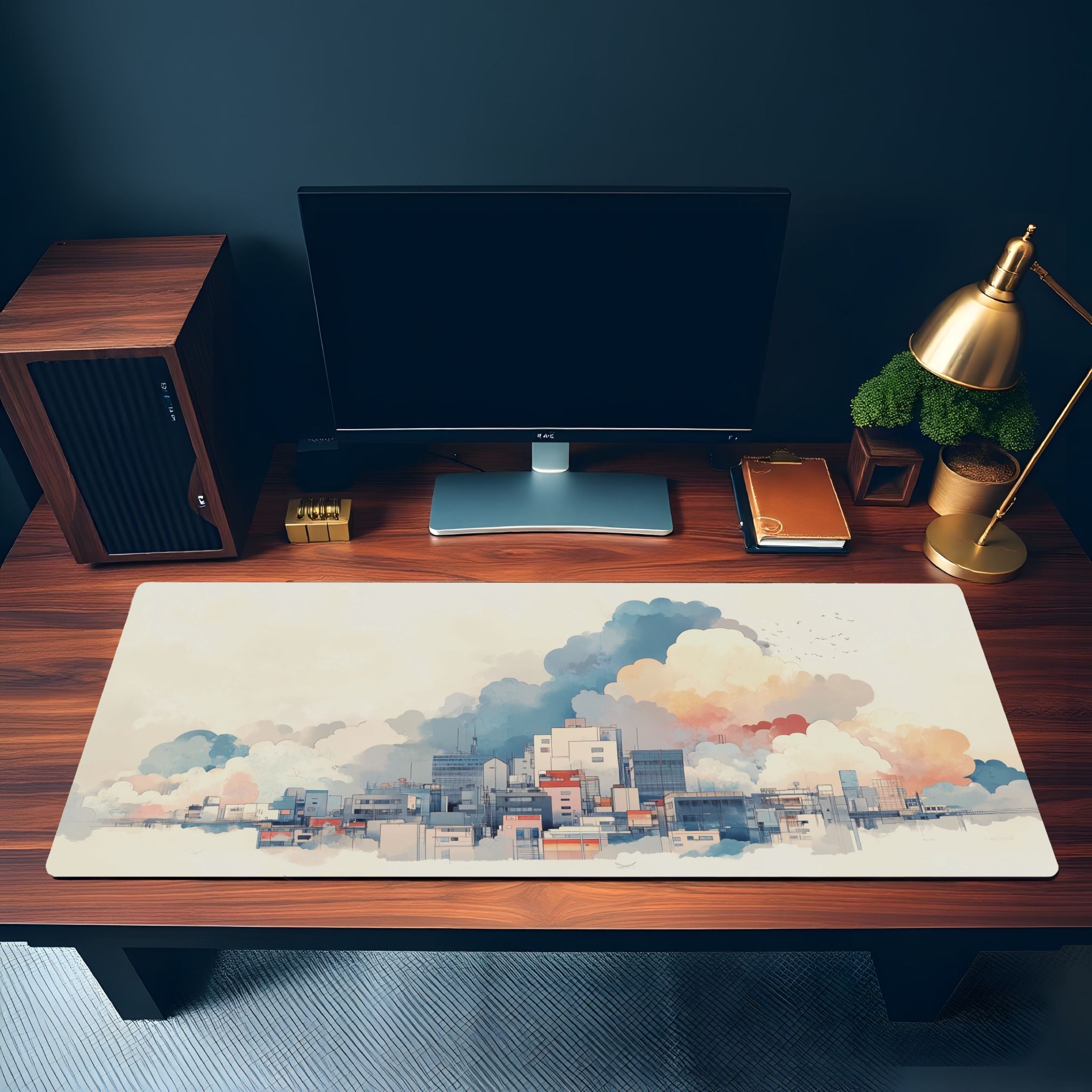 Cloudy Cityscape Desk Mat Floating City Pastel Art Minimalist Desk Decor Cloudy Cityscape Desk Mat Floating City Pastel Art Minimalist Desk Decor