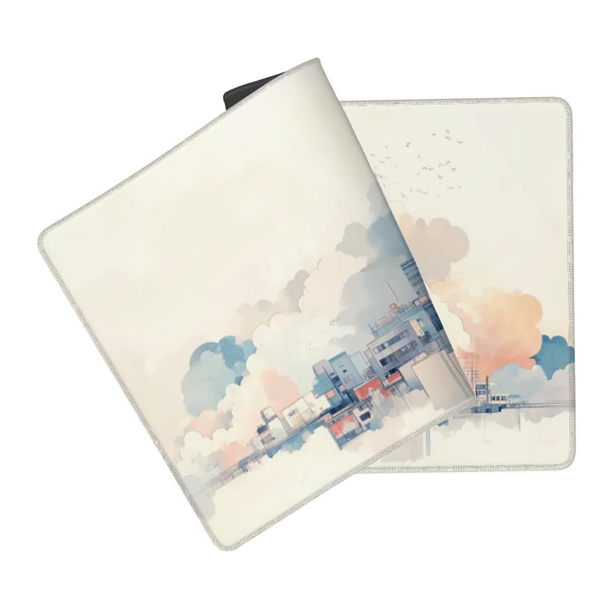 Cloudy Cityscape Desk Mat Floating City Pastel Art Minimalist Desk Decor Cloudy Cityscape Desk Mat Floating City Pastel Art Minimalist Desk Decor