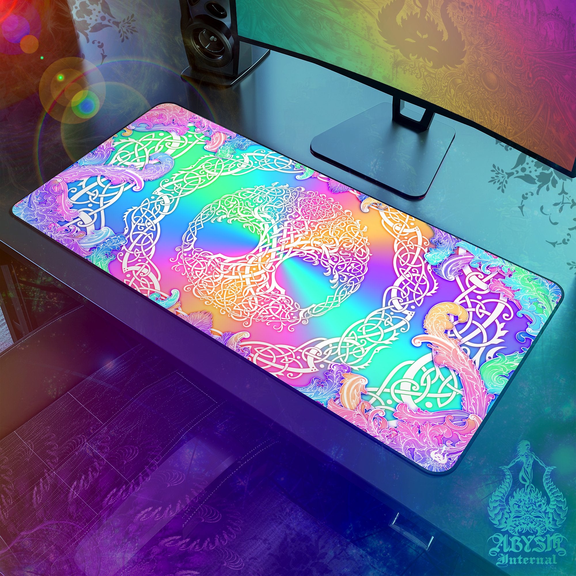 Colorful Gaming Desk Mat, Celtic Knotwork Mouse Pad, Girl Gamer, Tree of Life Table Protector Cover, Witchy Pastel Workpad, Wicca Art Print