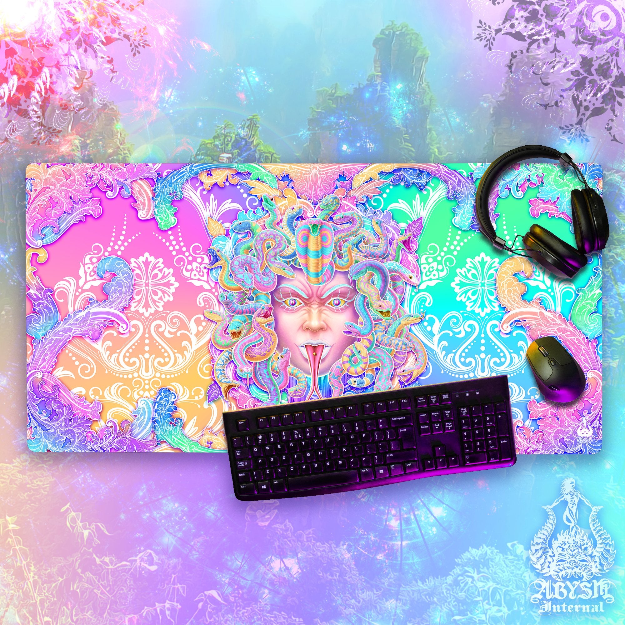 Colorful Gaming Desk Mat, Girl Gamer Mouse Pad, Psychedelic Pastel Table Protector Cover, Aesthetic, Medusa Skull Workpad, Fantasy Art Print – 4 Options