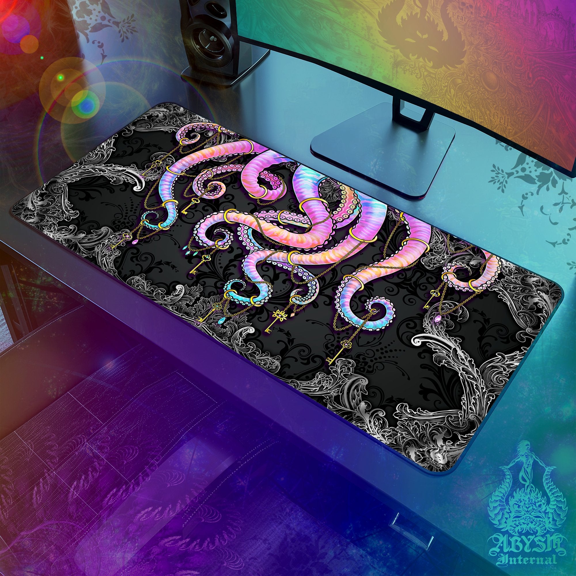 Colorful Gaming Desk Mat, Pastel Tentacles Mouse Pad, Gamer Table Protector Cover, Dark Octopus Workpad, Fantasy Art Print