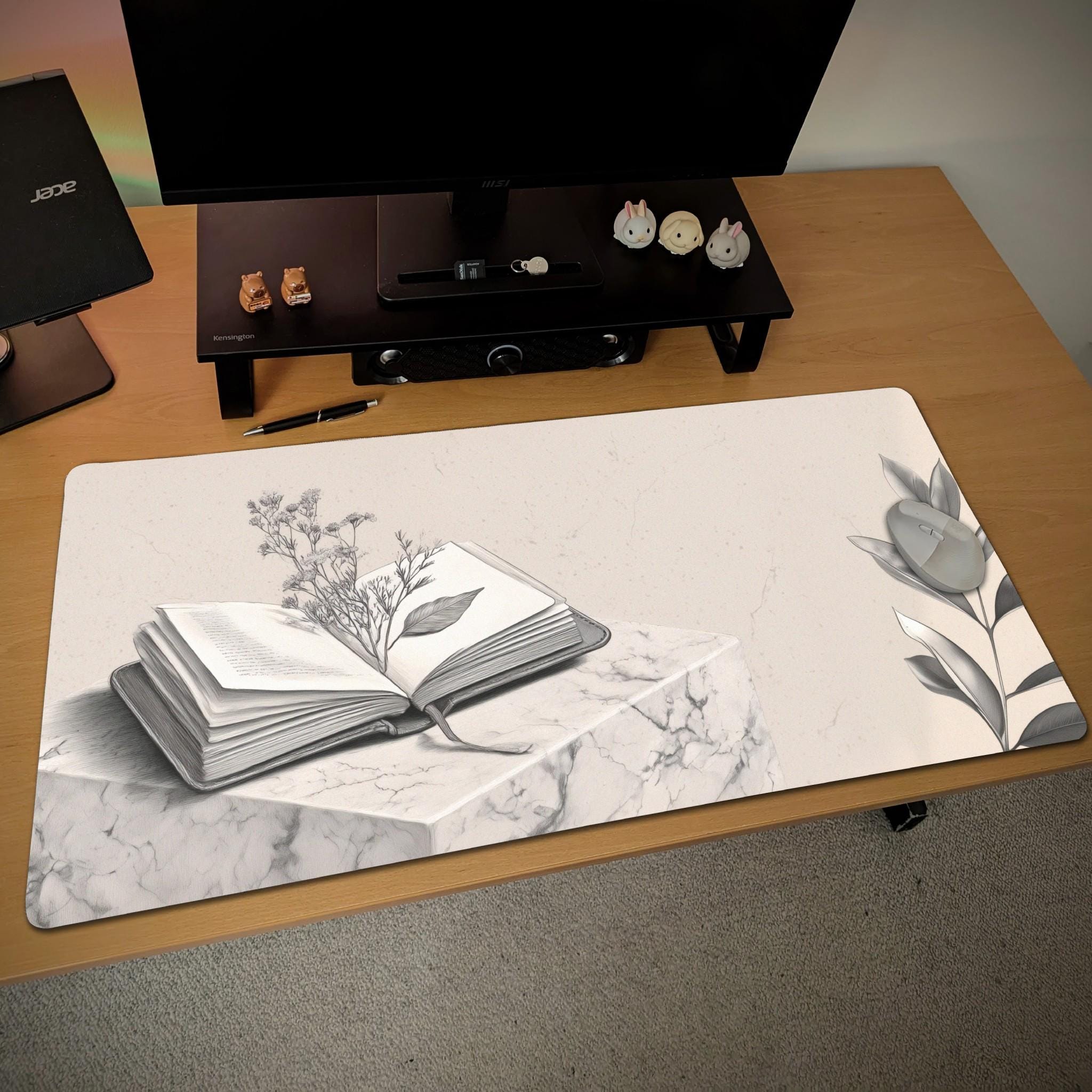 Cottagecore Journal Book Desk Mat  Monochrome Aesthetic Marble Mouse Pad  Herbarium Academic Theme Decor