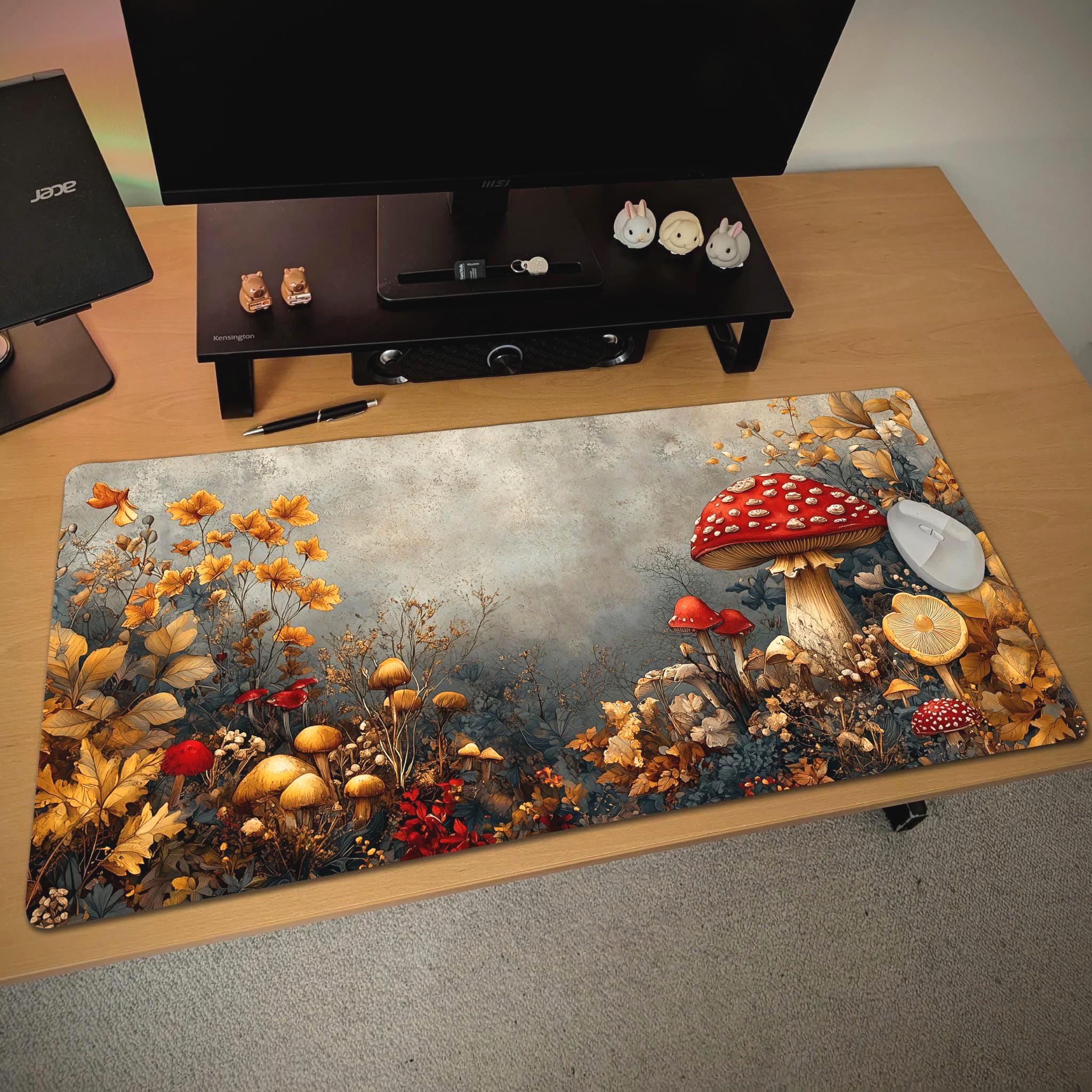 Cottagecore Mushroom Desk Mat  Woodland Forest Desk Pad with Red Toadstools  Dark Botanical Mouse Pad