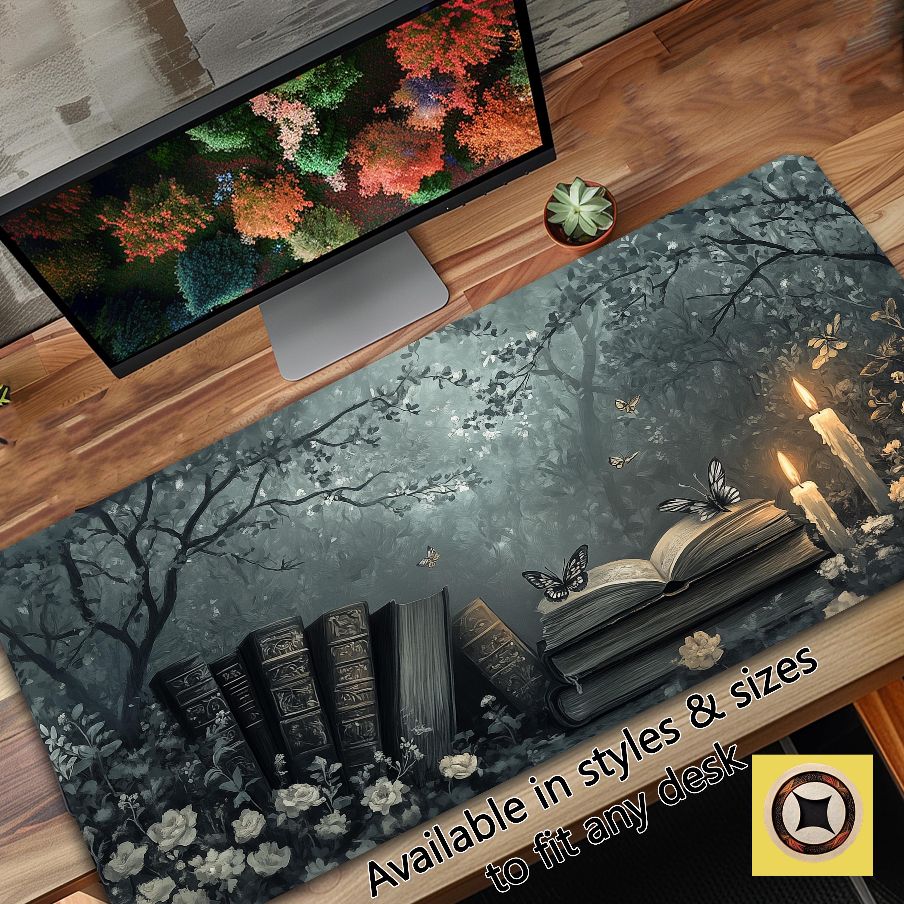 Cozy and Gray Academia Desk Decor – Fantasy Bookish Desk Mat Mousepad XL – Gothic Romance and Folklore Desk Cover – Gift for Goth
