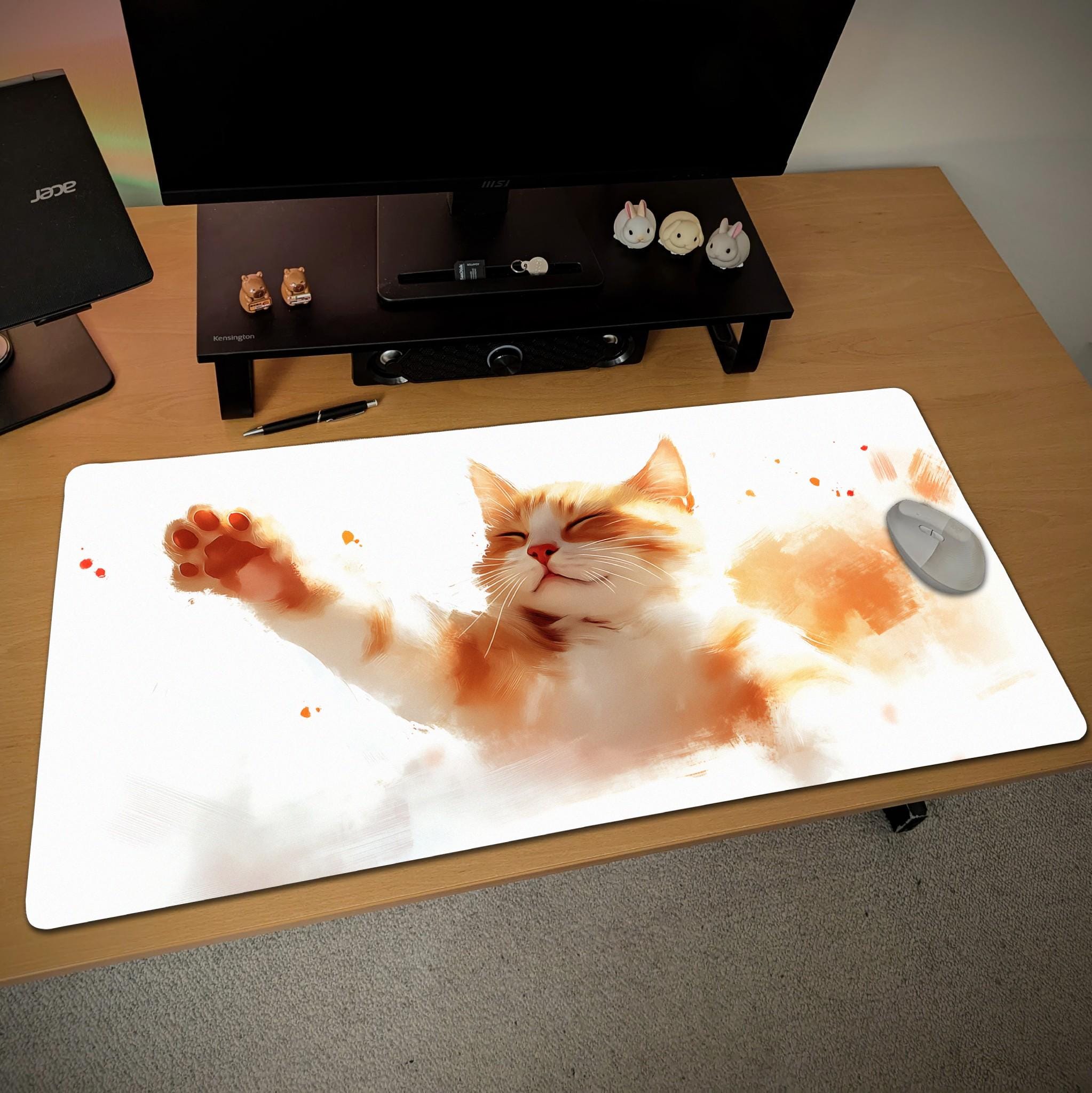 Cute Orange Cat Desk Mat  Watercolor Ginger Kitten Mouse Pad – Kawaii Pet Desk Decor