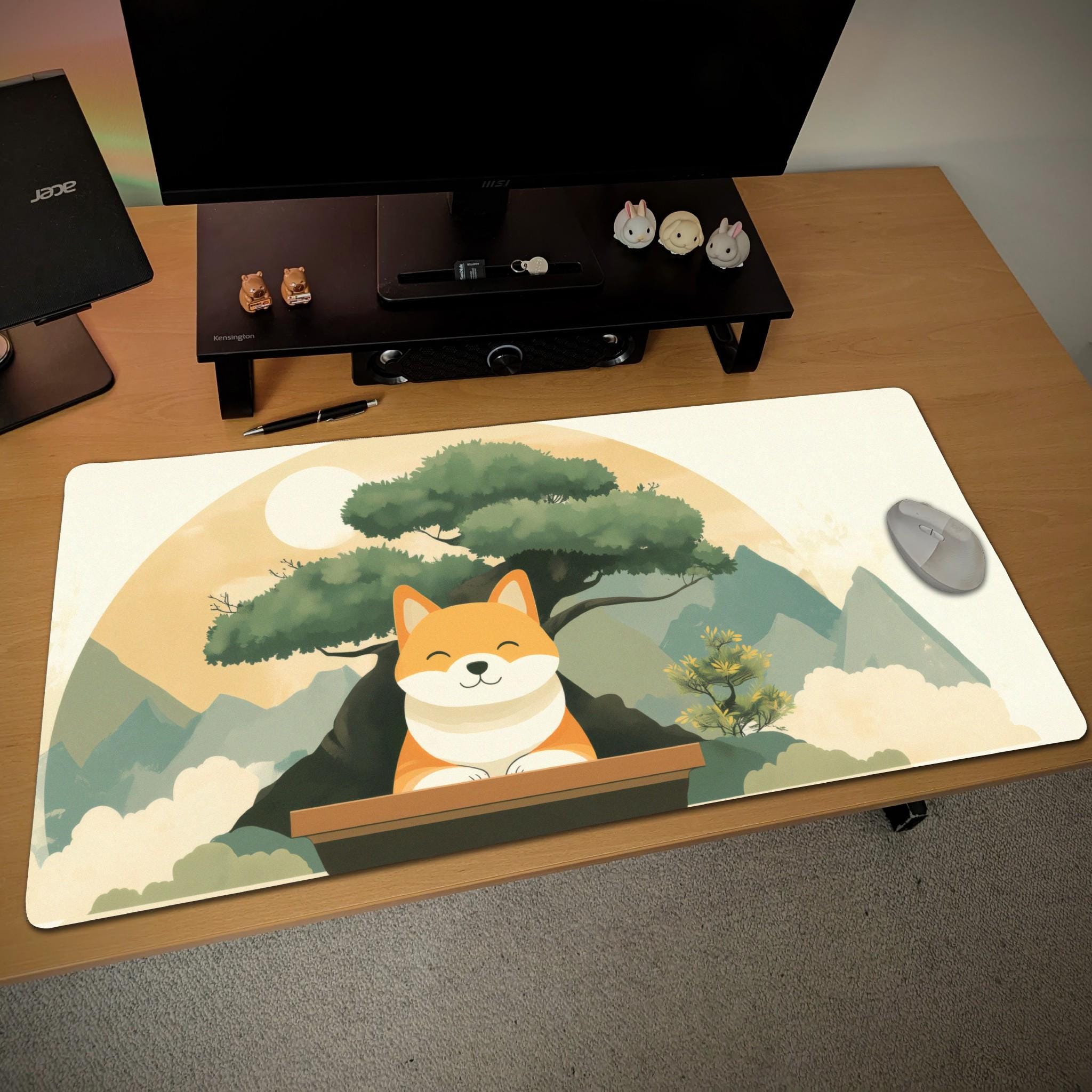 Cute Shiba Inu Desk Mat  Zen Dog Aesthetic Mouse Pad, Japanese Mountain Bonsai Theme