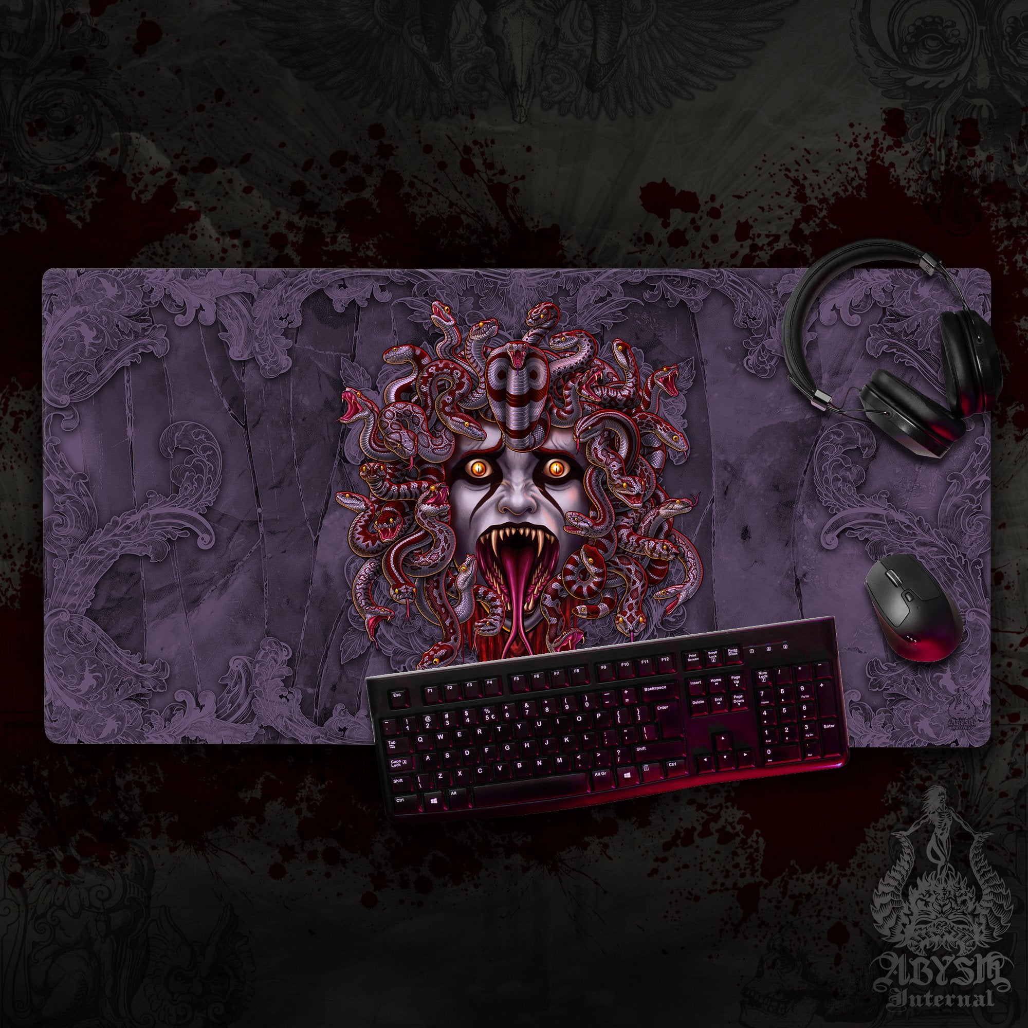 Dark Fantasy Gaming Mouse Pad, Medusa Desk Mat, Gamer Table Protector Cover, Goth Workpad, Art Print – Ash, 3 Options