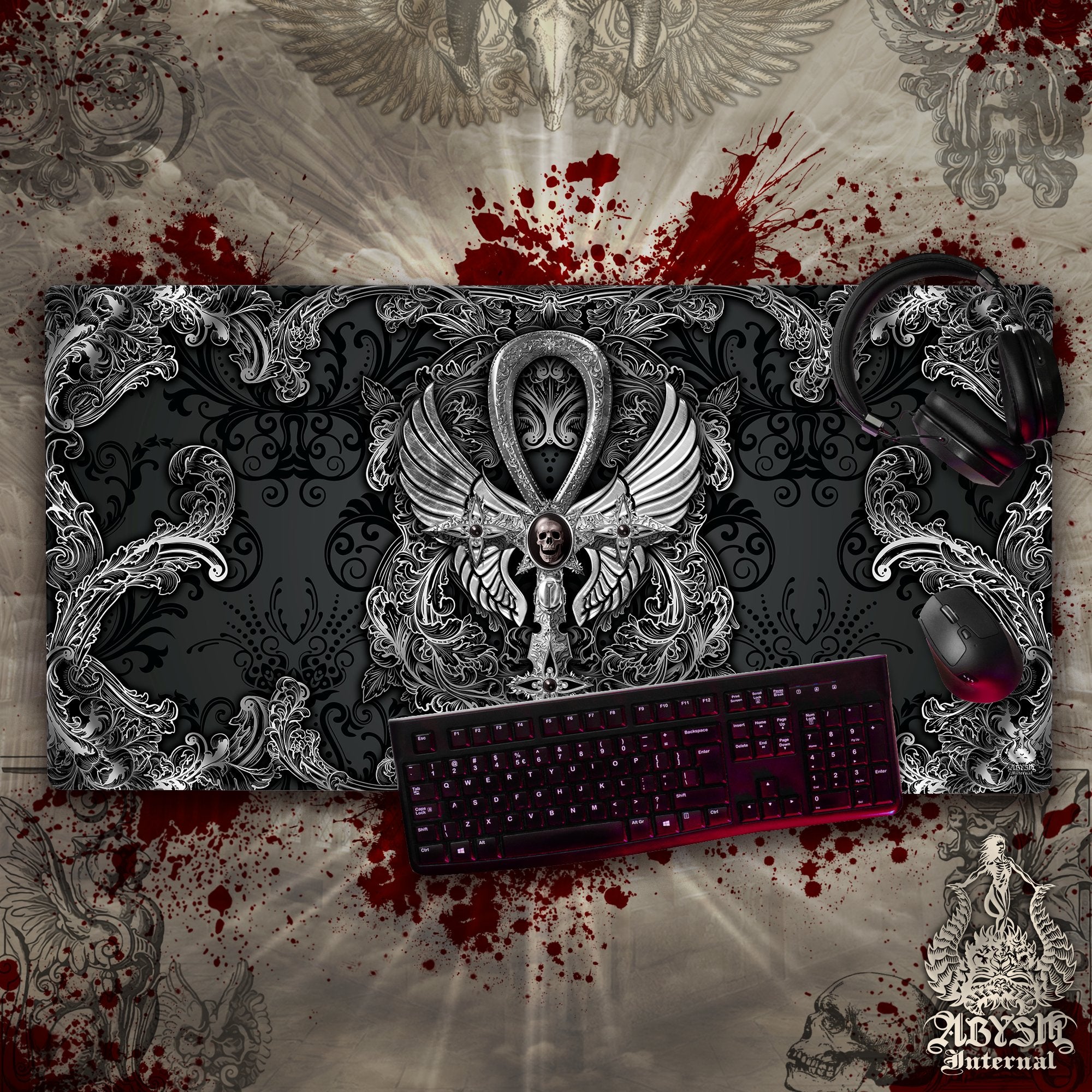 Dark Gaming Mouse Pad, Gothic Desk Mat, Black Table Protector Cover, Goth Ankh Workpad, Skull Cross Art Print – 3 Colors