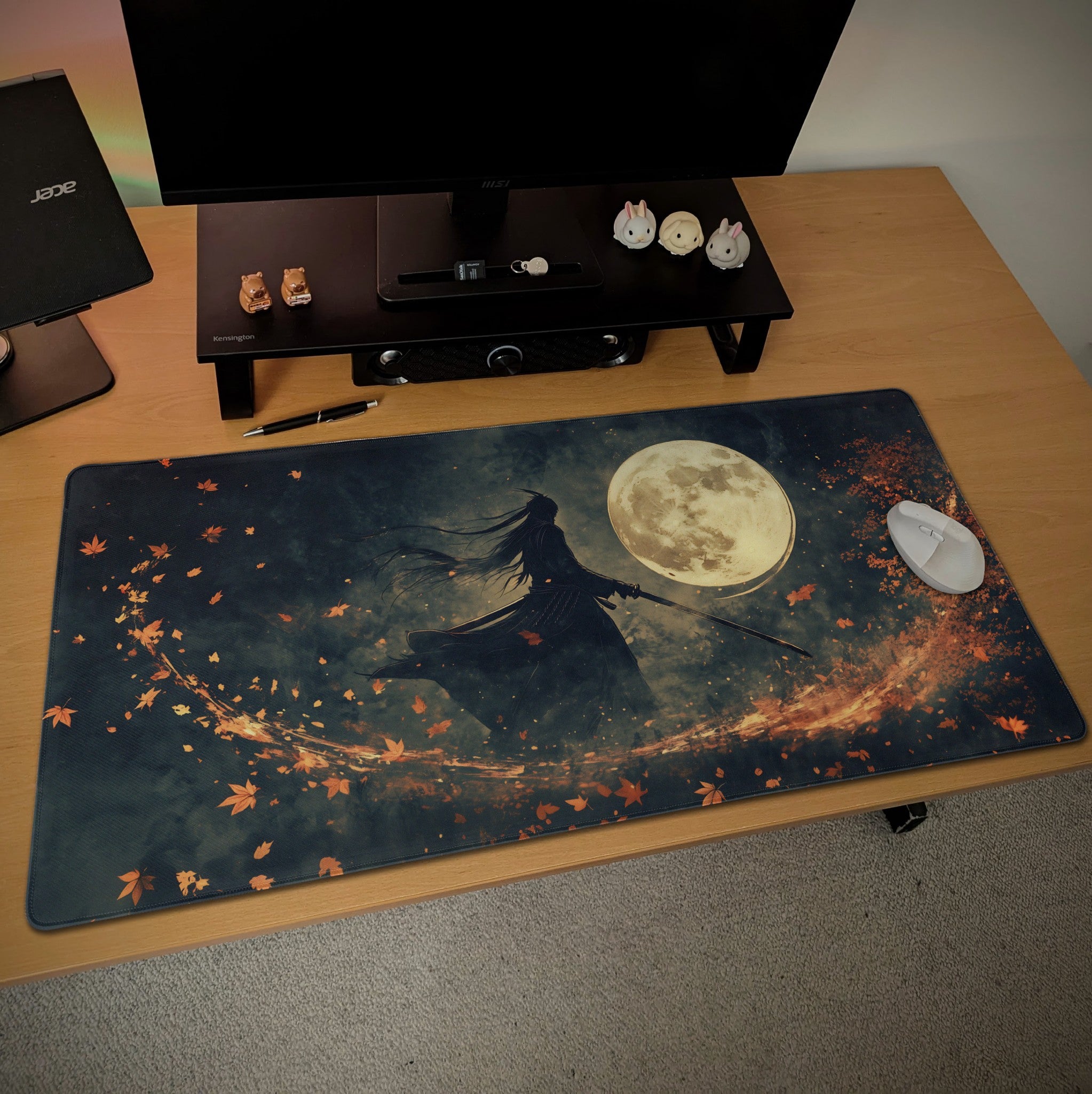 Dark Samurai Desk Mat  Japanese Warrior  Fantasy Moonlight Art Mouse Pad