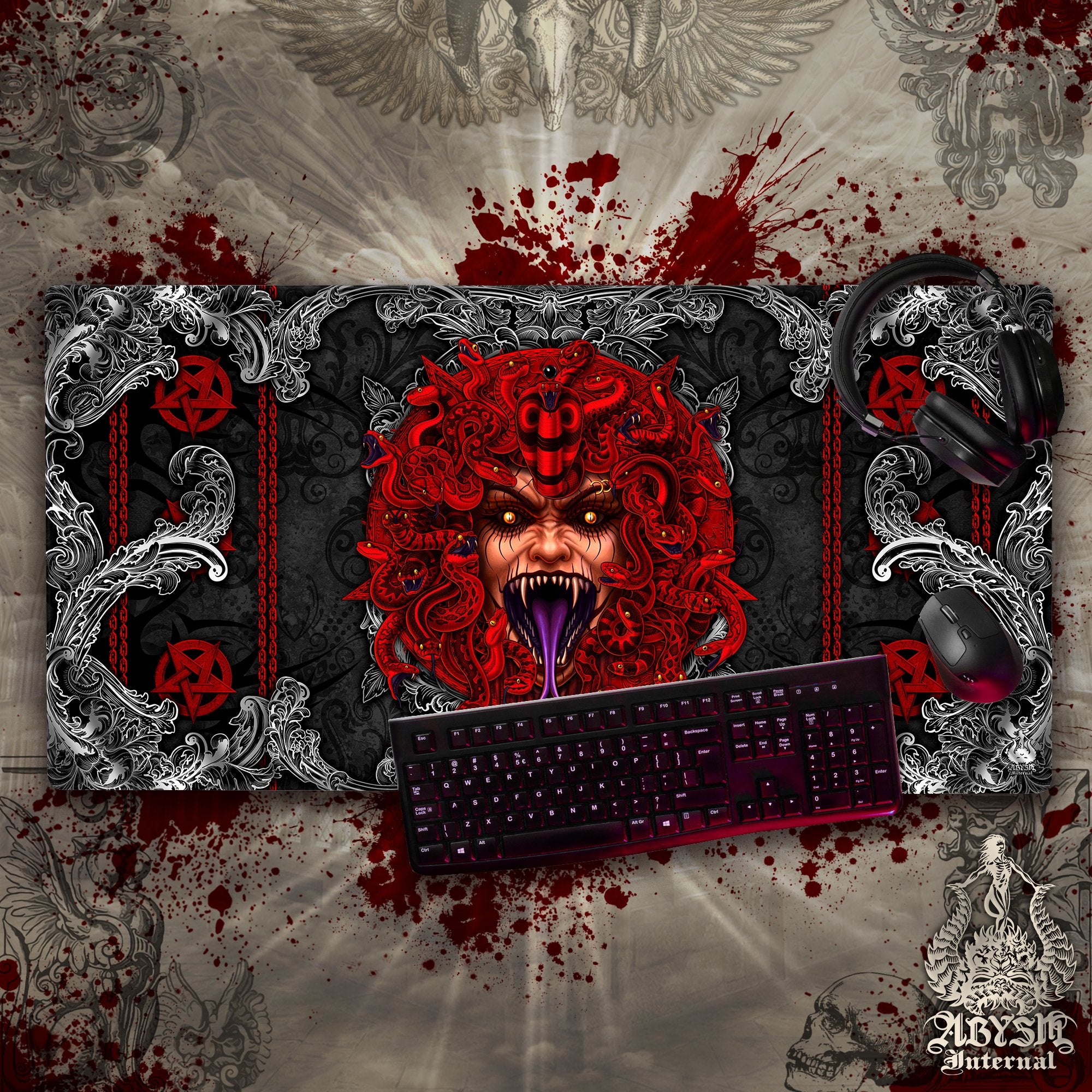 Demon Desk Mat, Satanic Gaming Mouse Pad, Gamer Table Protector Cover with Red Pentagram, Devil Workpad, Dark Fantasy Art Print – Medusa, 3 Options