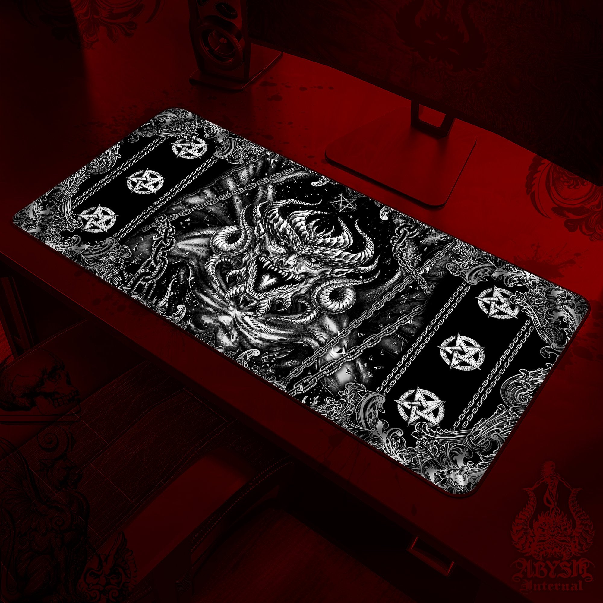 Devil Gaming Desk Mat, Goth Hell Mouse Pad, Satanic Table Protector Cover, Gothic Pentagrams Workpad, Dark Fantasy Art Print