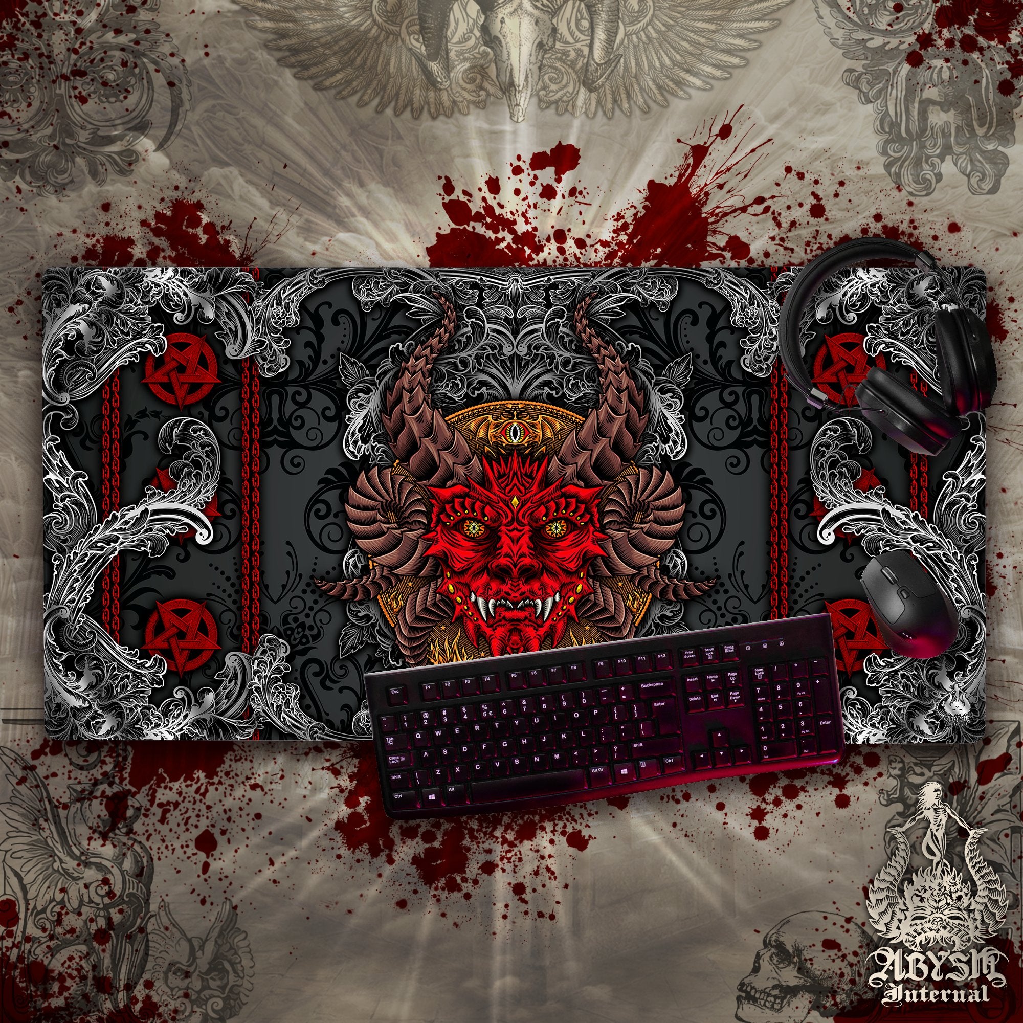 Devil Gaming Mouse Pad, Satanic Desk Mat, Demon Table Protector Cover, Lucifer Workpad, Dark Art Print – Black and Red, 2 Colors