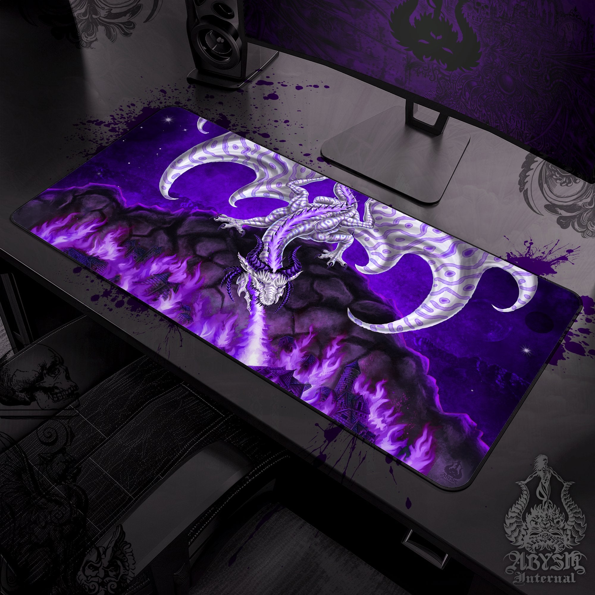 Dragon Desk Mat, Fantasy Art Gaming Mouse Pad, White Goth Purple Table Protector Cover, RPG Workpad, DM Gift Print – Fire