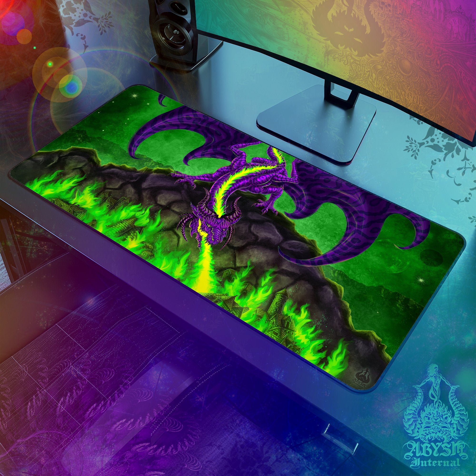 Dragon Gaming Desk Mat, Fantasy Art Mouse Pad, Purple and Green Table Protector Cover, RPG Workpad, DM Gift Print – Fire