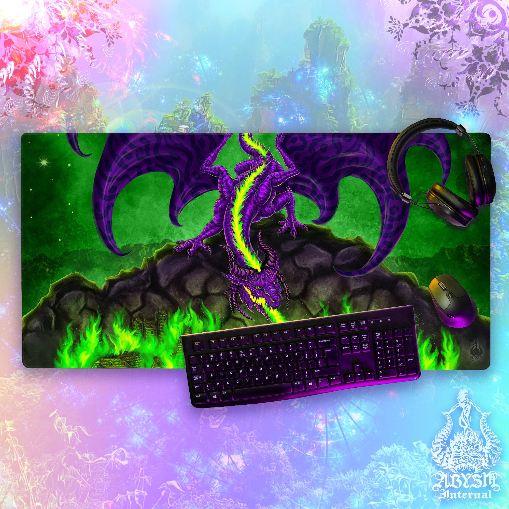 Dragon Gaming Desk Mat, Fantasy Art Mouse Pad, Purple and Green Table Protector Cover, RPG Workpad, DM Gift Print – Fire Dragon Gaming Desk Mat, Fantasy Art Mouse Pad, Purple and Green Table Protector Cover, RPG Workpad, DM Gift Print – Fire