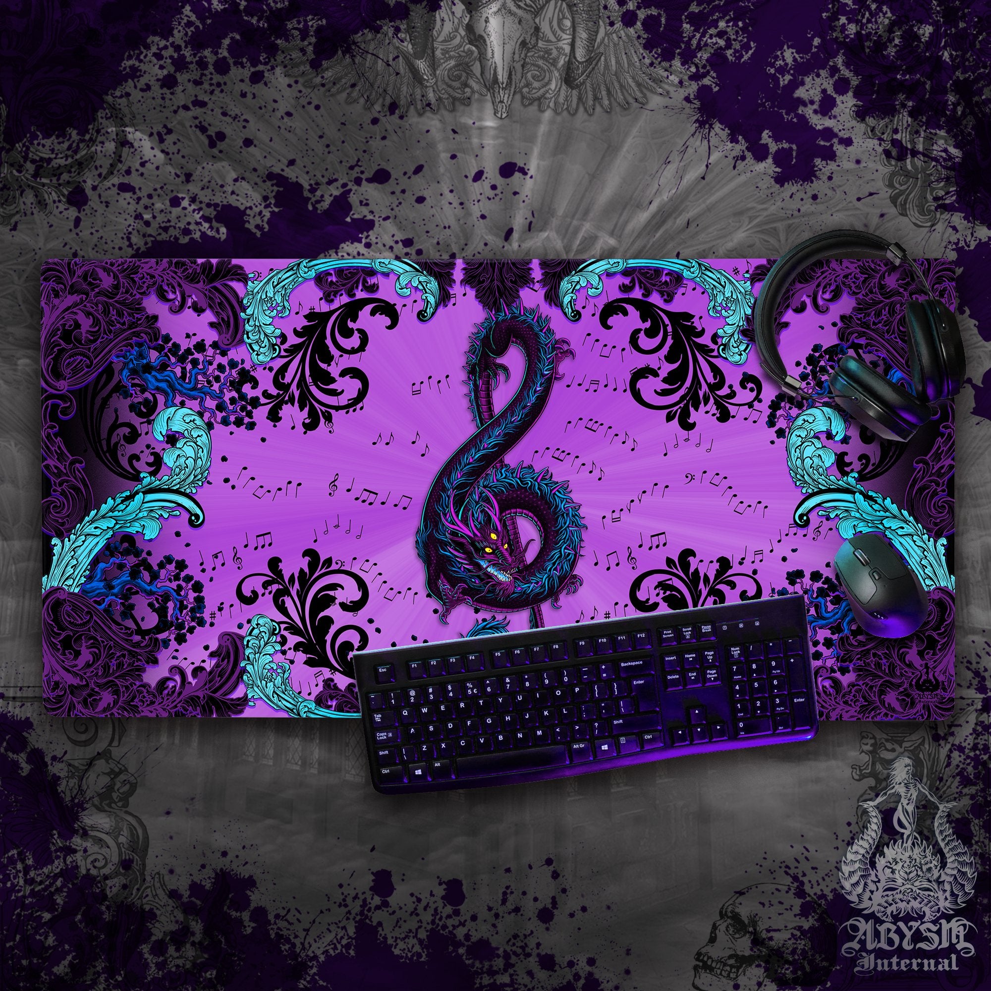 Dragon Gaming Desk Mat, Music Mouse Pad, Pastel Goth Table Protector Cover, Asian Workpad, Treble Clef Art Print – Black Purple – 2 Options