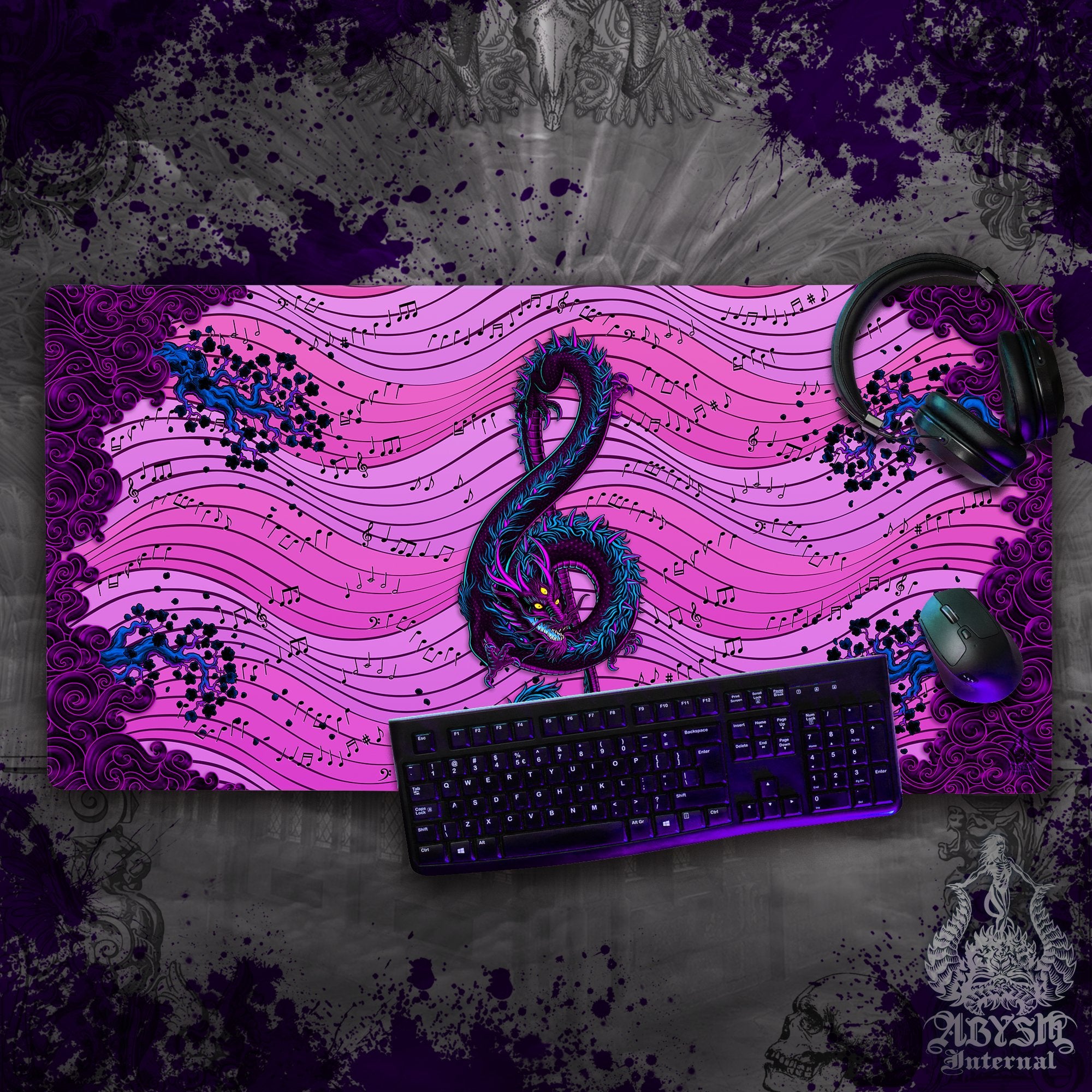Dragon Gaming Desk Mat, Music Mouse Pad, Pastel Goth Table Protector Cover, Asian Workpad, Treble Clef Art Print – Black Purple – 2 Options Dragon Gaming Desk Mat, Music Mouse Pad, Pastel Goth Table Protector Cover, Asian Workpad, Treble Clef Art Print – Black Purple – 2 Options