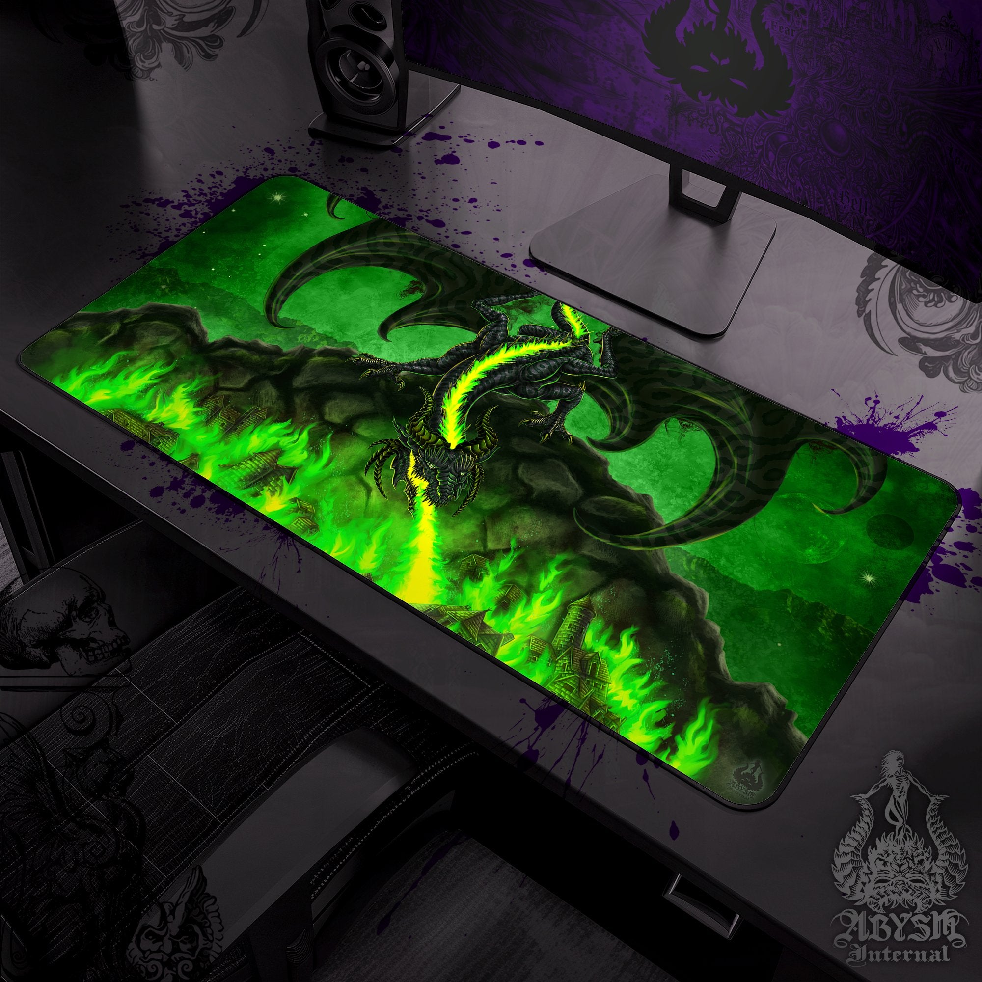 Dragon Gaming Mouse Pad, Fantasy Art Desk Mat, Black and Green Table Protector Cover, RPG Workpad, DM Gift Print – Fire