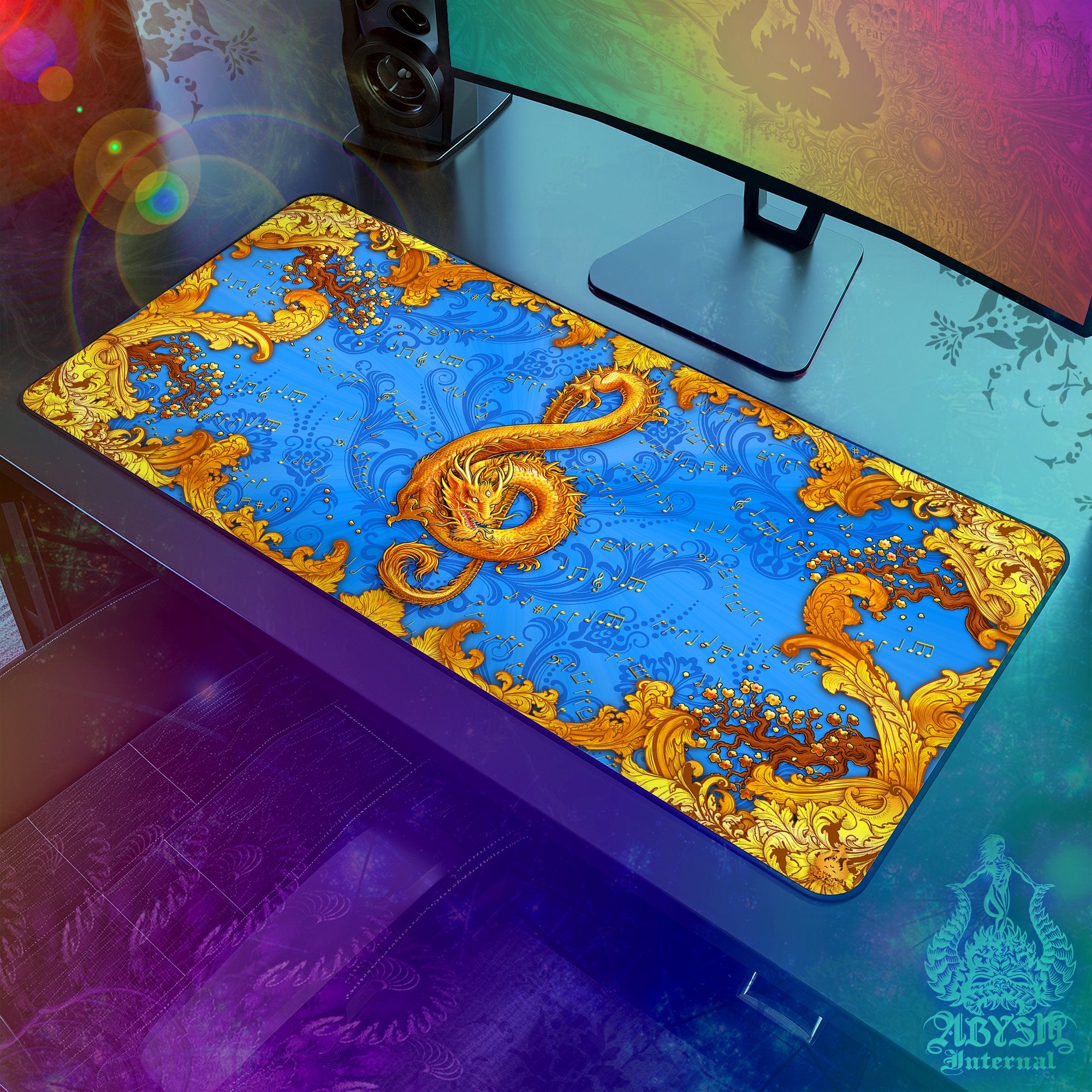 Dragon Gaming Mouse Pad, Music Desk Mat, Asian Table Protector Cover, Treble Clef Workpad, Chinese Fantasy Art Print – Cyan Gold