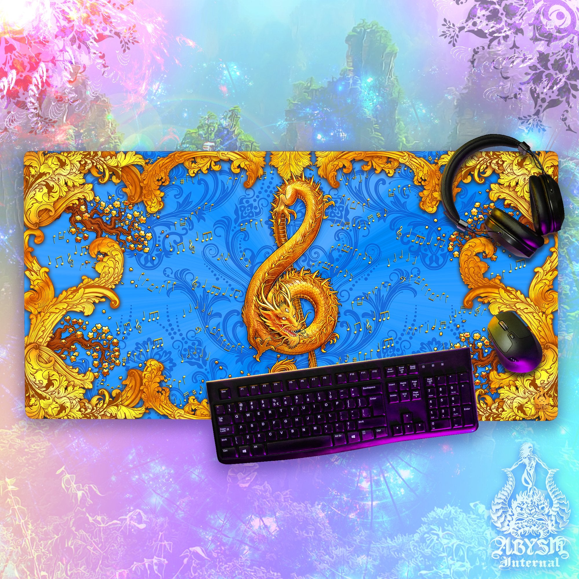 Dragon Gaming Mouse Pad, Music Desk Mat, Asian Table Protector Cover, Treble Clef Workpad, Chinese Fantasy Art Print – Cyan Gold Dragon Gaming Mouse Pad, Music Desk Mat, Asian Table Protector Cover, Treble Clef Workpad, Chinese Fantasy Art Print – Cyan Gold