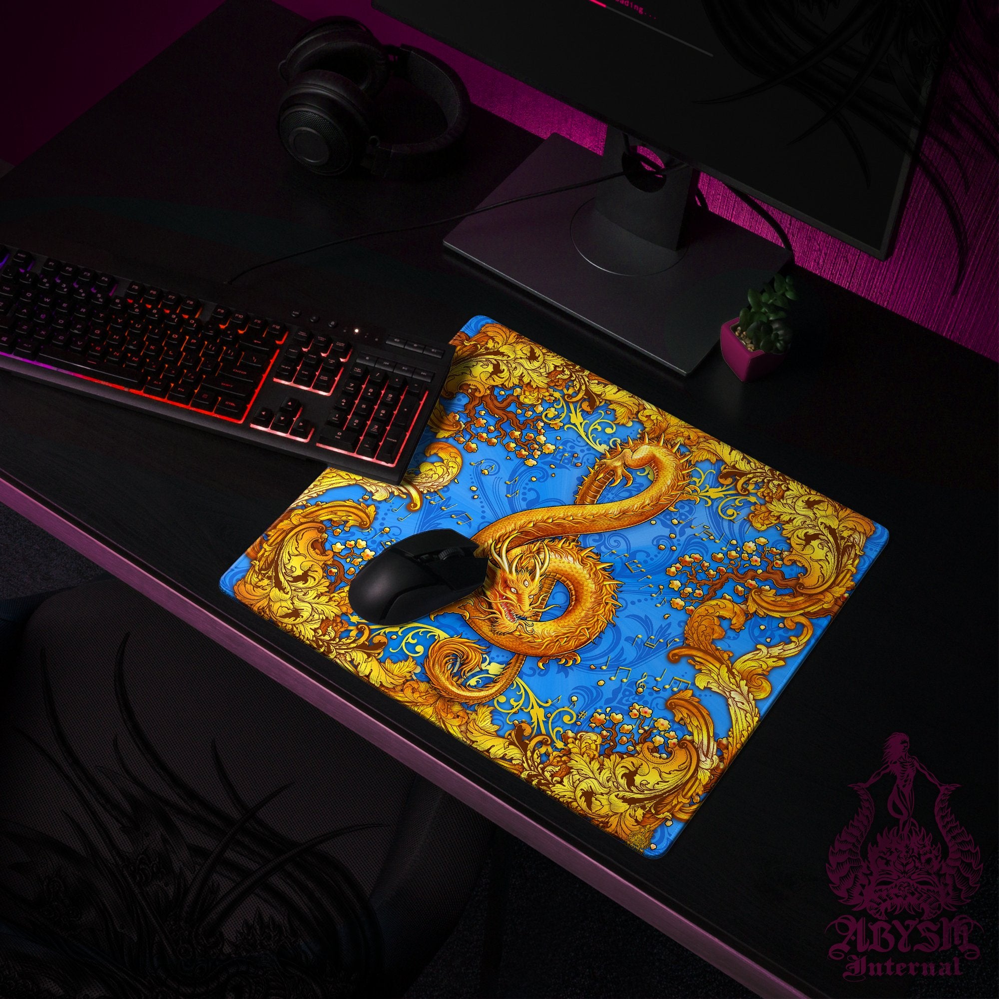 Dragon Gaming Mouse Pad, Music Desk Mat, Asian Table Protector Cover, Treble Clef Workpad, Chinese Fantasy Art Print – Cyan Gold Dragon Gaming Mouse Pad, Music Desk Mat, Asian Table Protector Cover, Treble Clef Workpad, Chinese Fantasy Art Print – Cyan Gold