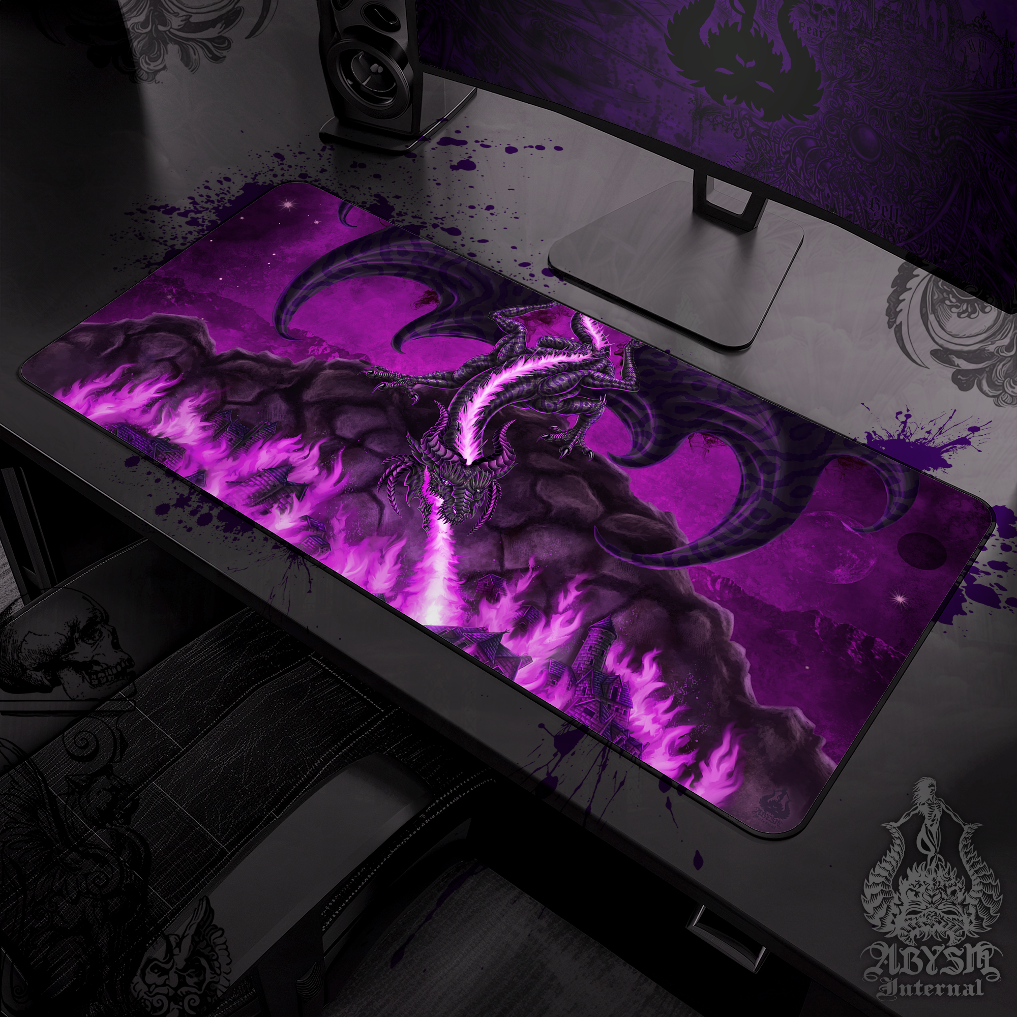 Dragon Mouse Pad, Fantasy Art Gaming Desk Mat, Purple and Black Table Protector Cover, RPG Workpad, DM Gift Print – Pastel Goth, Fire