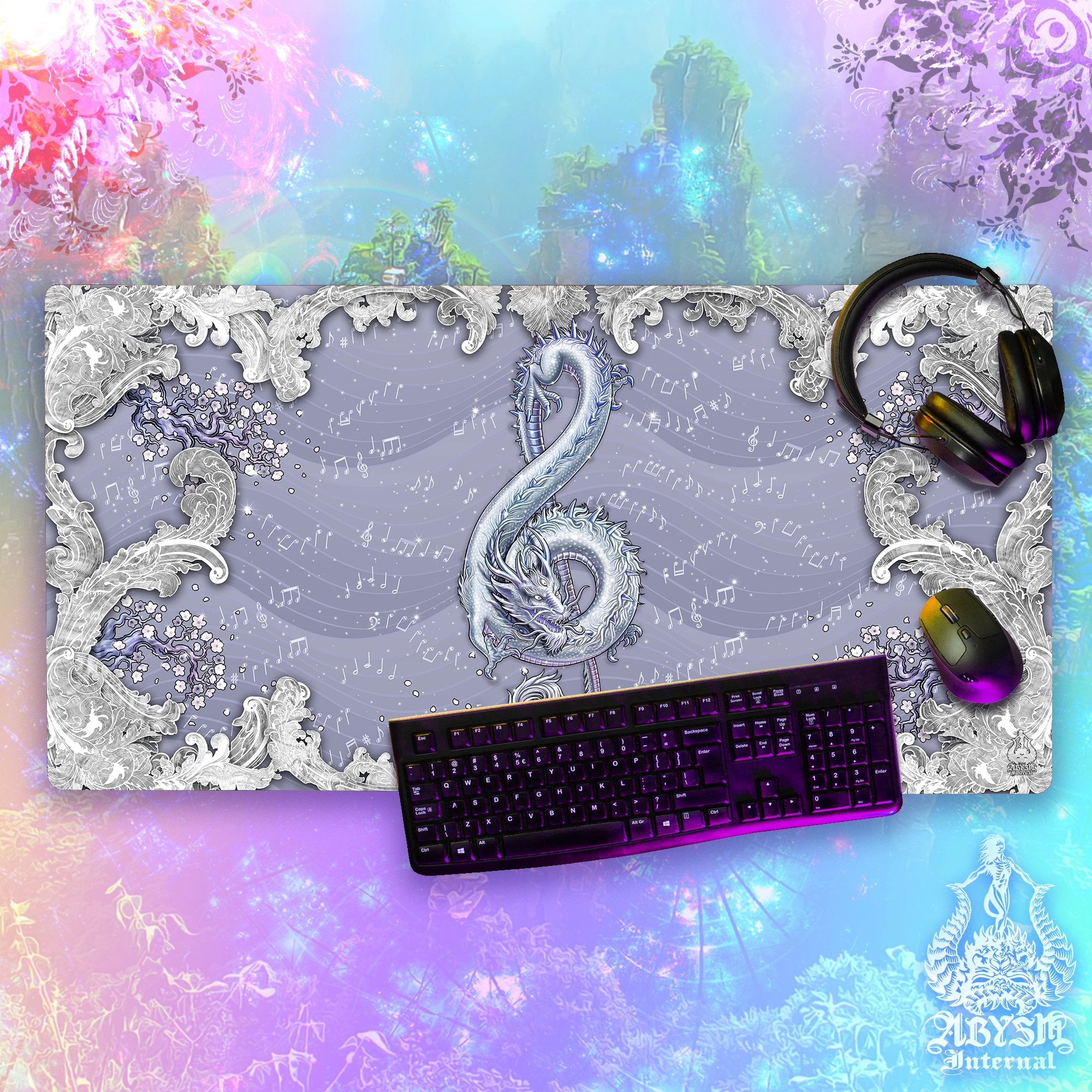 Dragon Workpad, Music Desk Mat, Asian Gaming Mouse Pad, Indie Gemstone Table Protector Cover, Treble Clef Art Print – 8 Color Options