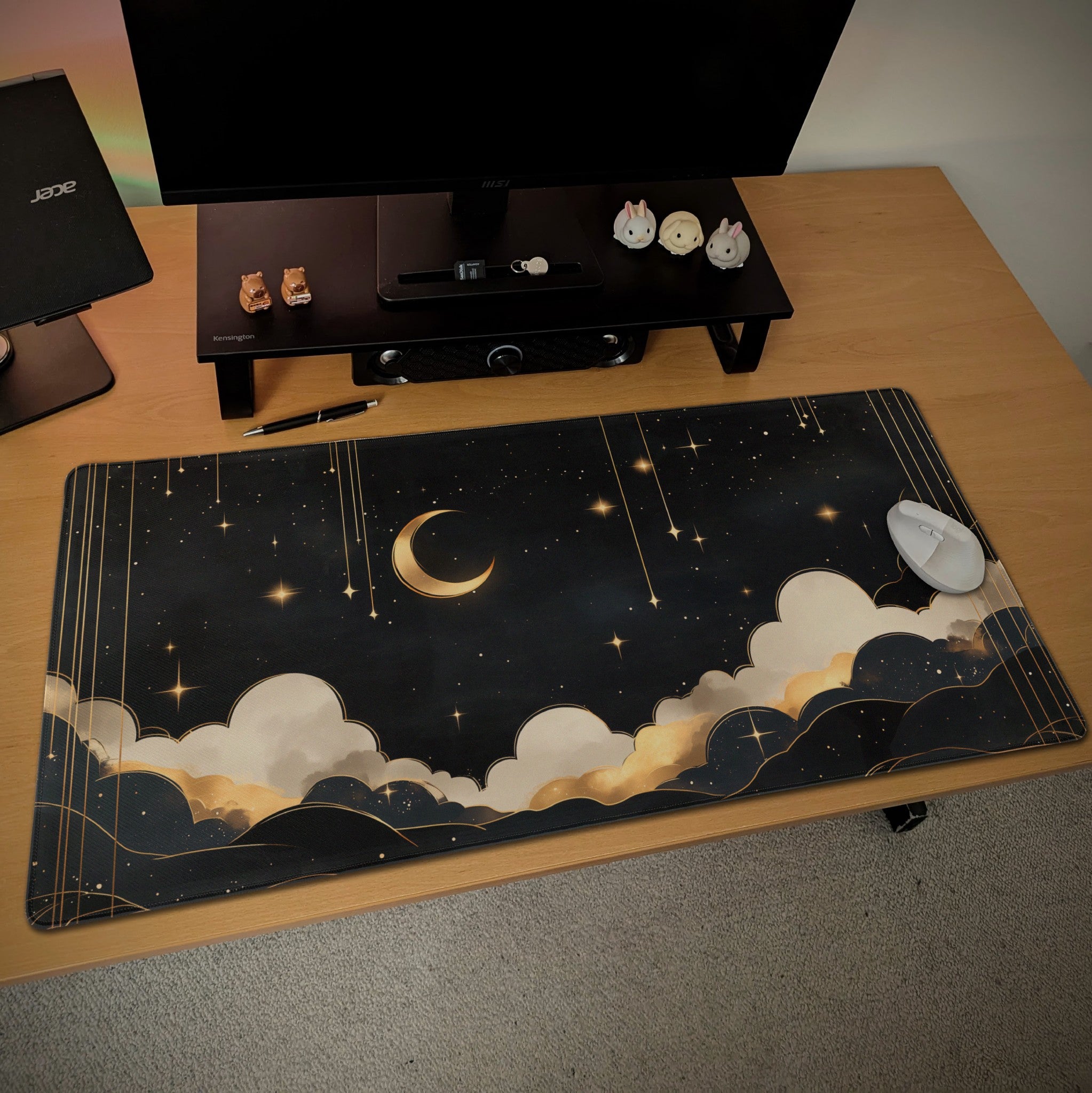 Dreamy Starry Night Desk Mat  Mystical Celestial Decor  Aesthetic Black and Gold Mouse Pad