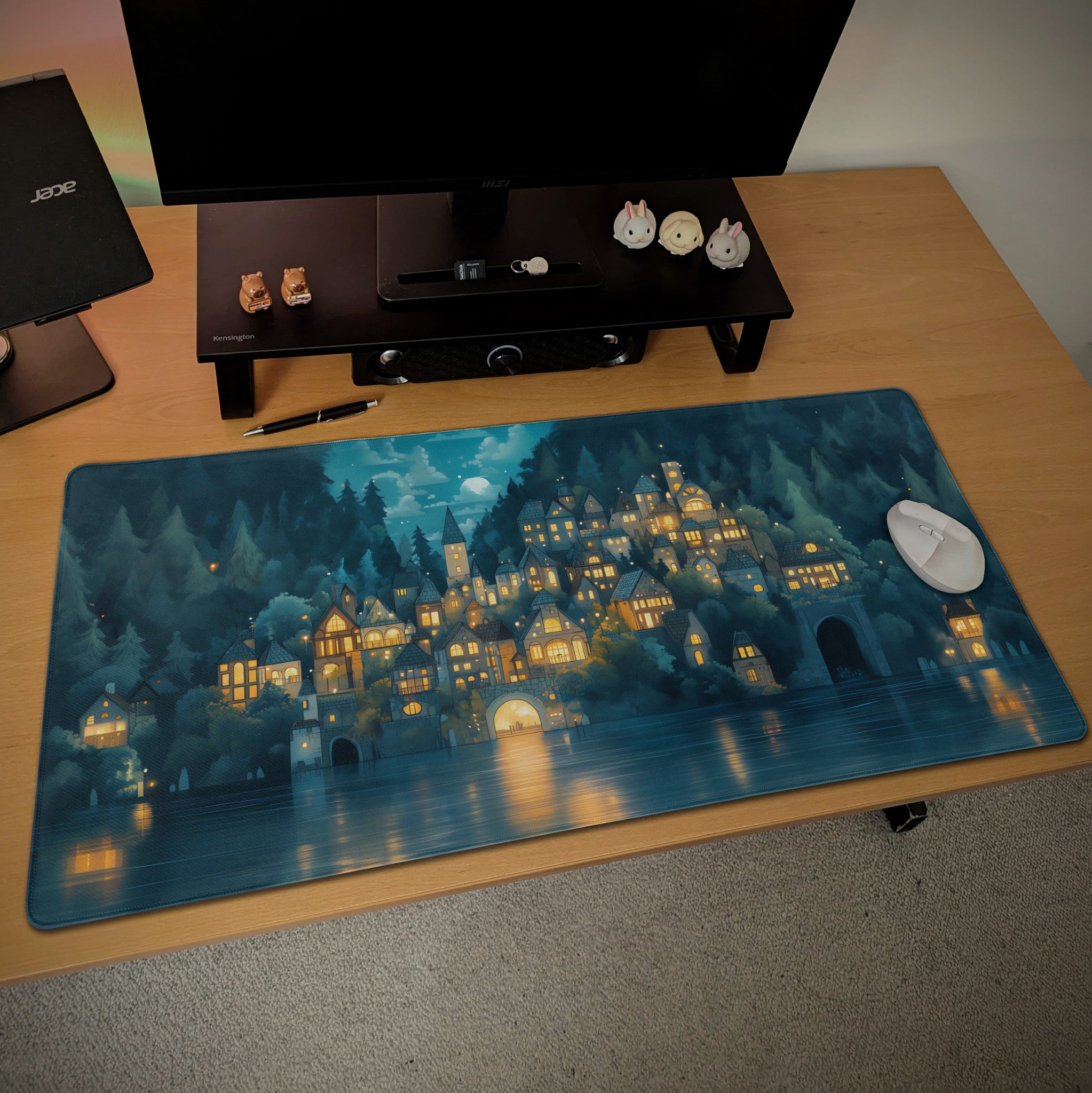 Enchanted Forest Village Desk Mat  Cozy Medieval Night  Blue Fantasy Moonlight Mouse Pad