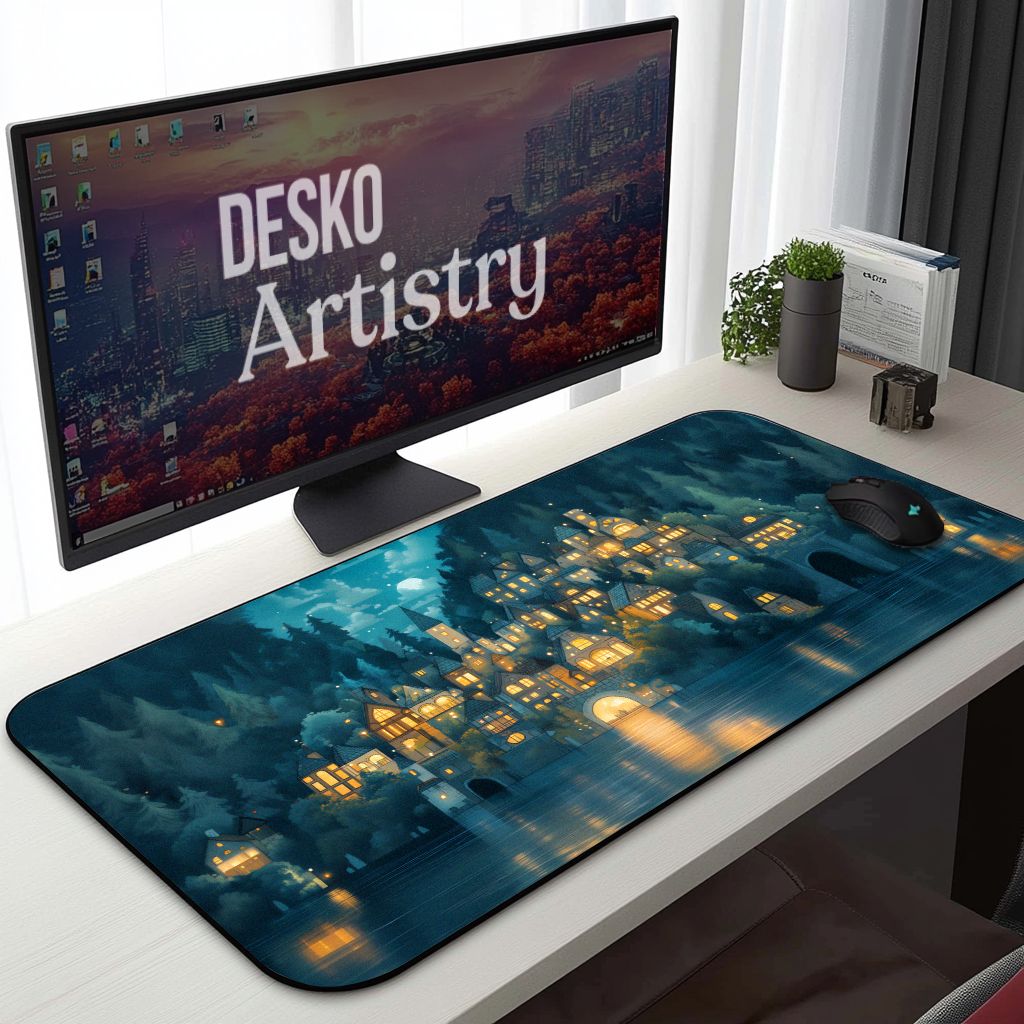 Enchanted Forest Village Desk Mat Cozy Medieval Night Blue Fantasy Moonlight Mouse Pad Enchanted Forest Village Desk Mat Cozy Medieval Night Blue Fantasy Moonlight Mouse Pad