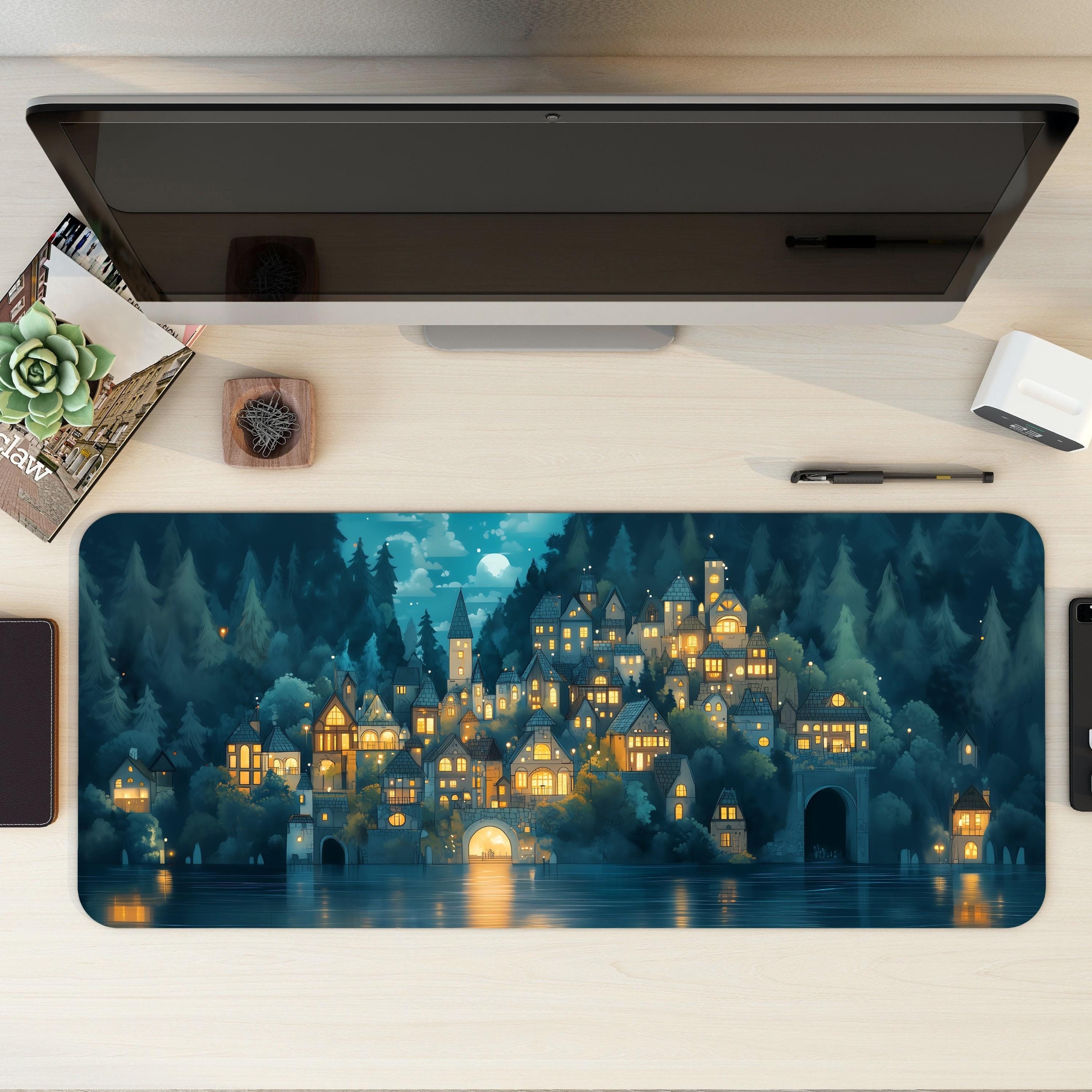 Enchanted Forest Village Desk Mat Cozy Medieval Night Blue Fantasy Moonlight Mouse Pad Enchanted Forest Village Desk Mat Cozy Medieval Night Blue Fantasy Moonlight Mouse Pad