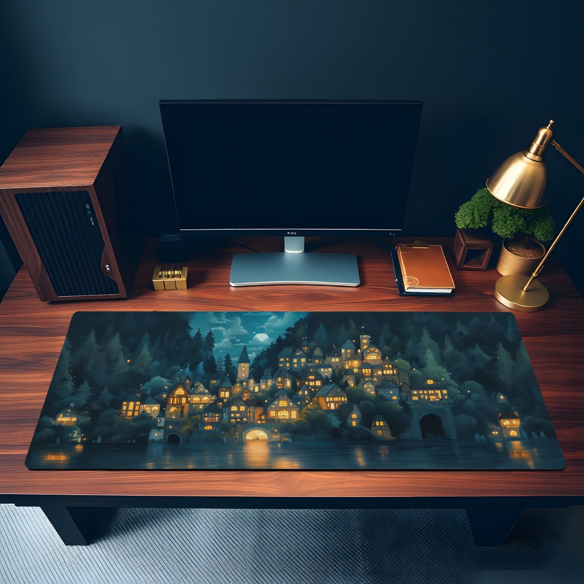 Enchanted Forest Village Desk Mat Cozy Medieval Night Blue Fantasy Moonlight Mouse Pad Enchanted Forest Village Desk Mat Cozy Medieval Night Blue Fantasy Moonlight Mouse Pad