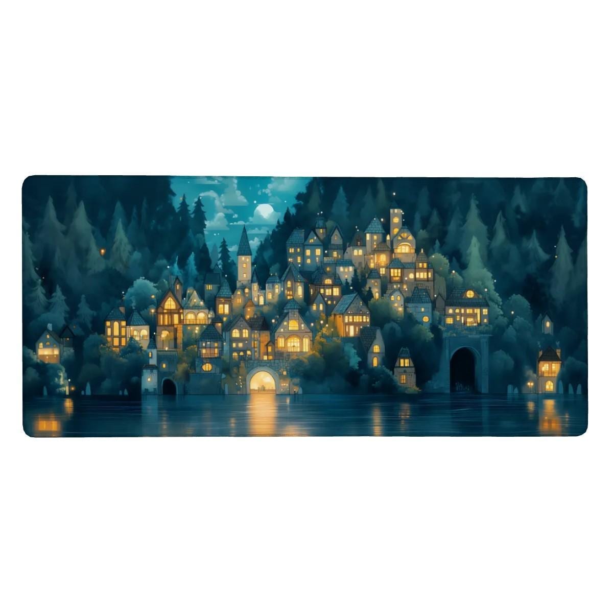 Enchanted Forest Village Desk Mat Cozy Medieval Night Blue Fantasy Moonlight Mouse Pad Enchanted Forest Village Desk Mat Cozy Medieval Night Blue Fantasy Moonlight Mouse Pad