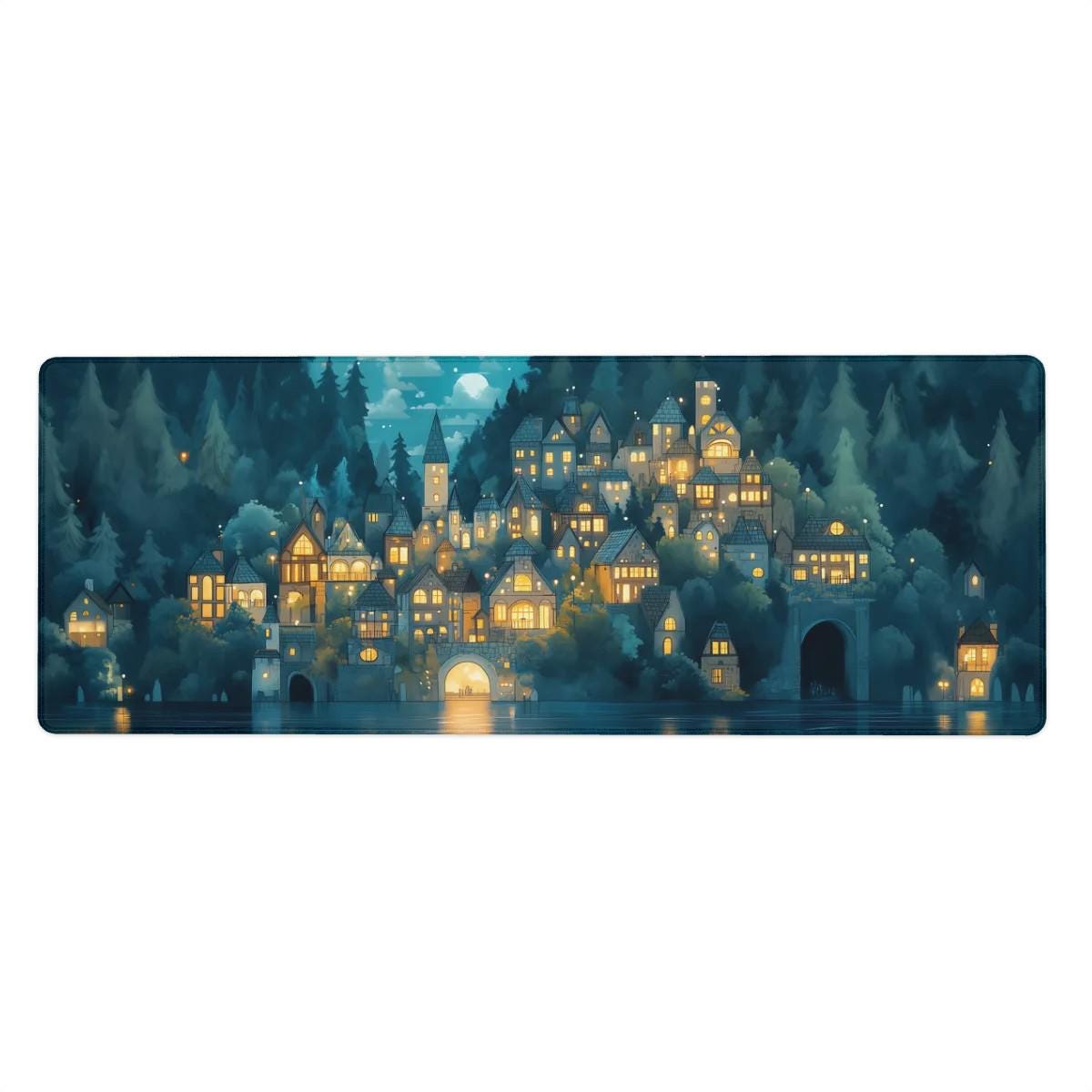 Enchanted Forest Village Desk Mat Cozy Medieval Night Blue Fantasy Moonlight Mouse Pad Enchanted Forest Village Desk Mat Cozy Medieval Night Blue Fantasy Moonlight Mouse Pad