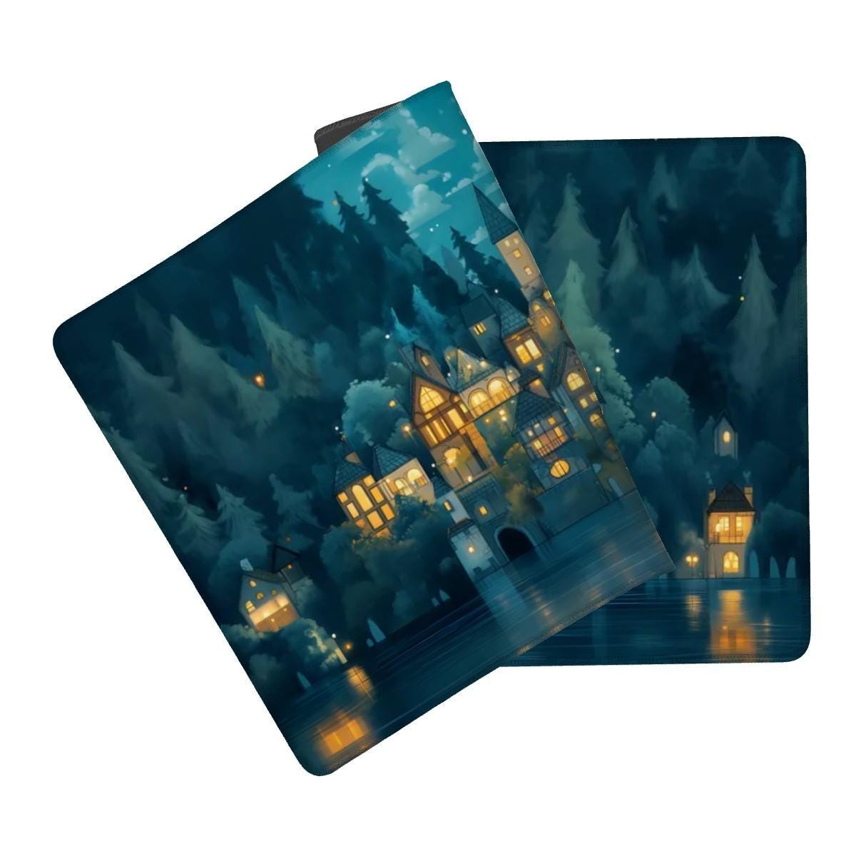 Enchanted Forest Village Desk Mat Cozy Medieval Night Blue Fantasy Moonlight Mouse Pad Enchanted Forest Village Desk Mat Cozy Medieval Night Blue Fantasy Moonlight Mouse Pad