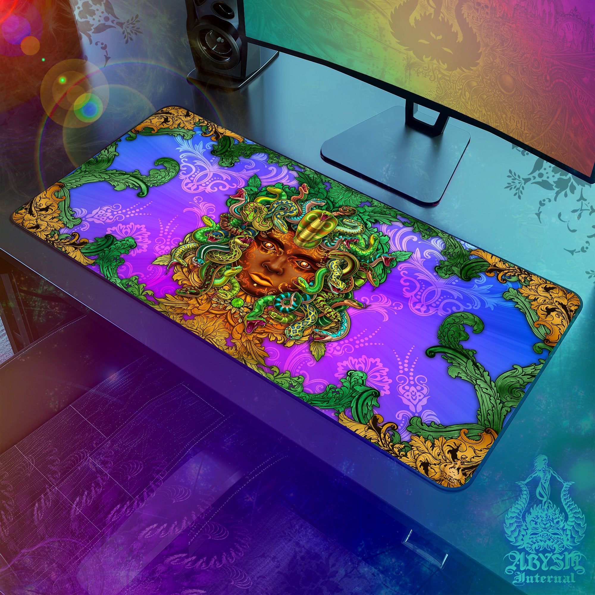 Fantasy Desk Mat, Medusa Gaming Mouse Pad, Gamer Table Protector Cover, Nature Workpad, Witchy Art Print