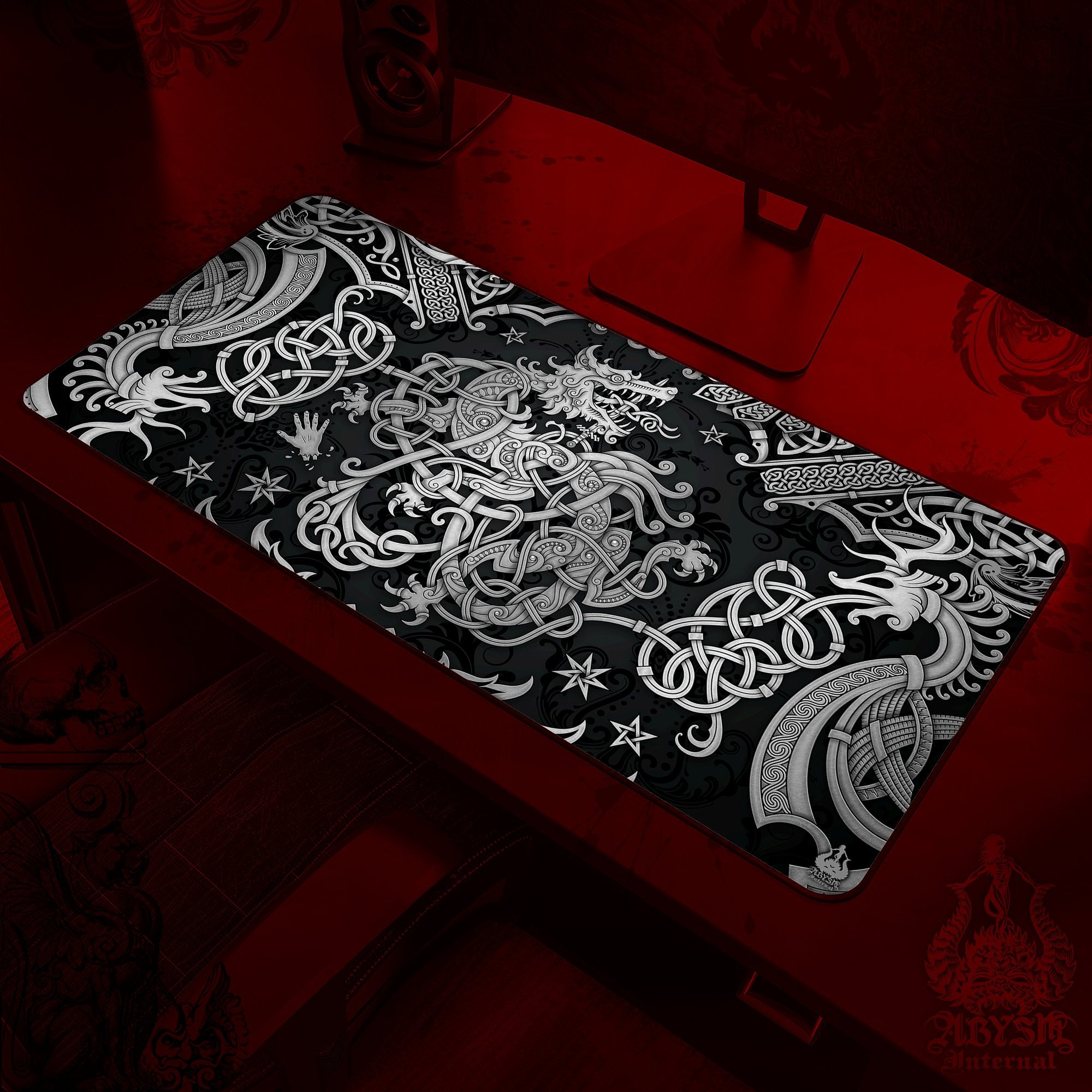 Fenrir Desk Mat, Nordic Wolf Gaming Mouse Pad, Viking Table Protector Cover, Norse Knotwork Workpad, Art Print – Dark